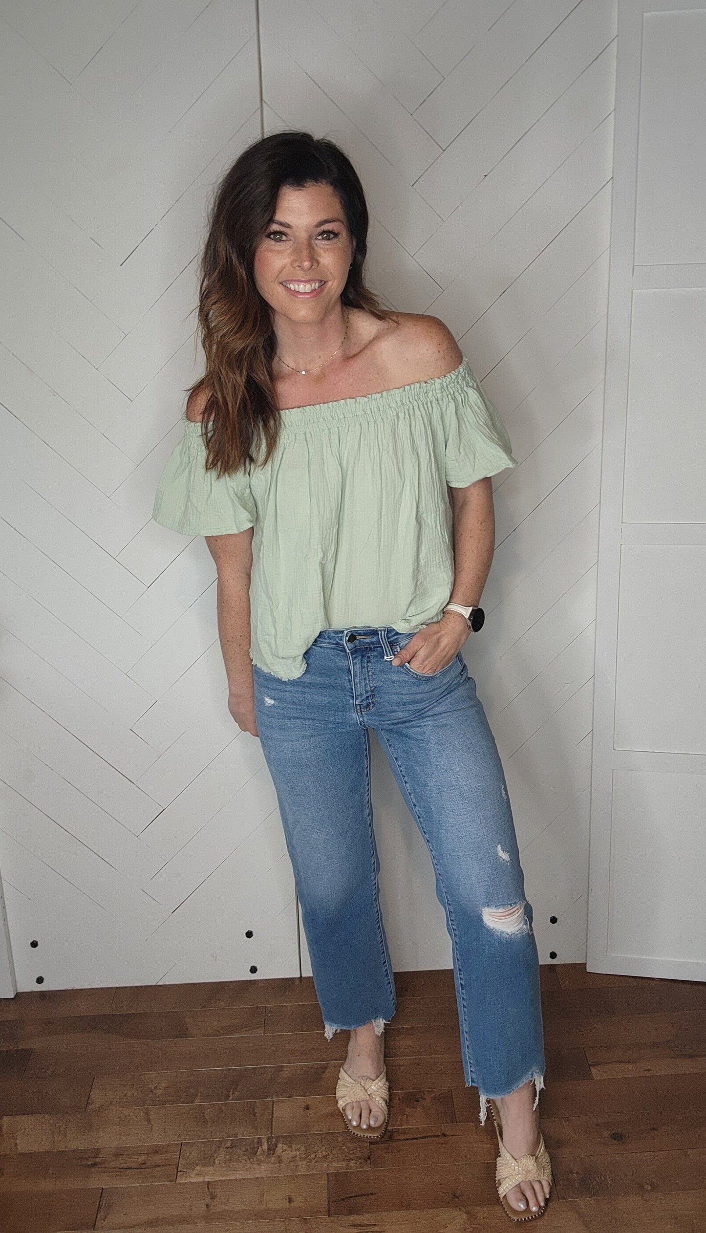 Off the Shoulder Green Ruffled Blouse