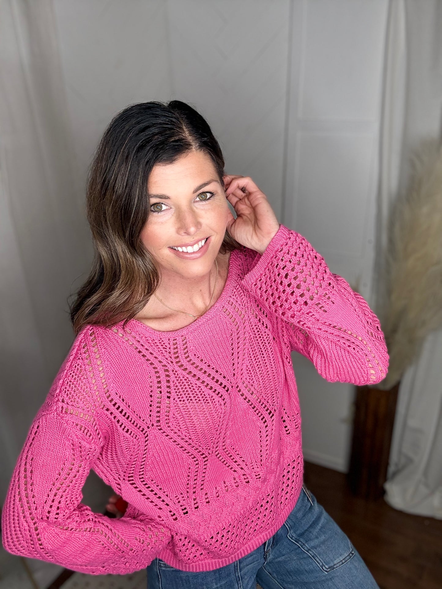 Fuchsia Breeze Open Crochet Sweater