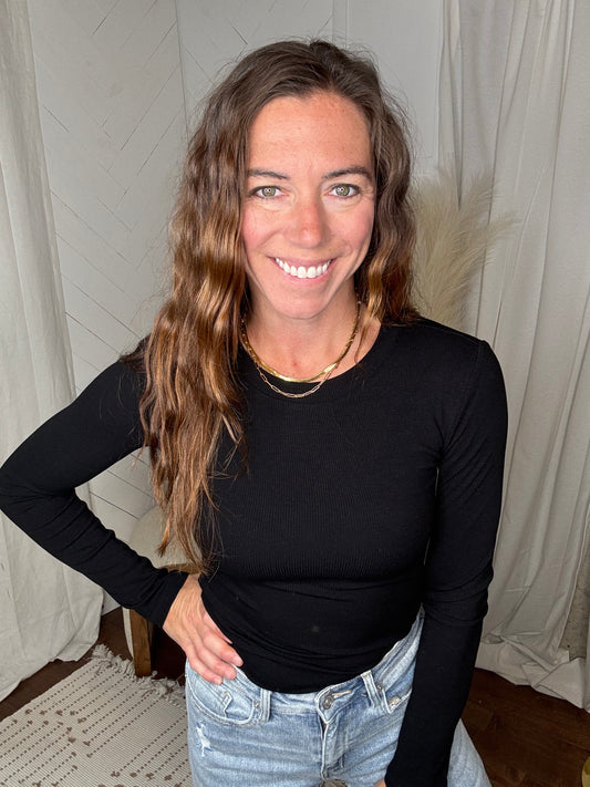 Black: Essential Long-Sleeved Ribbed Top