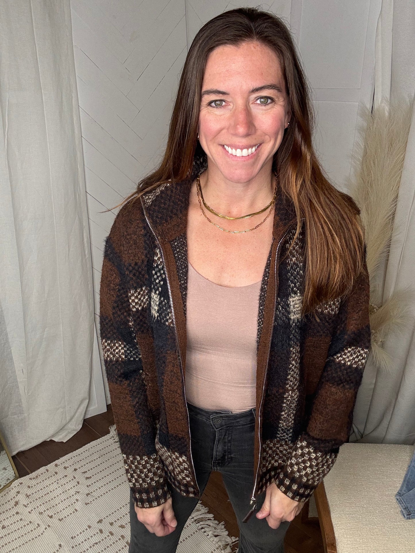 Mocha Plaid Fuzzy Knit Sweater Jacket