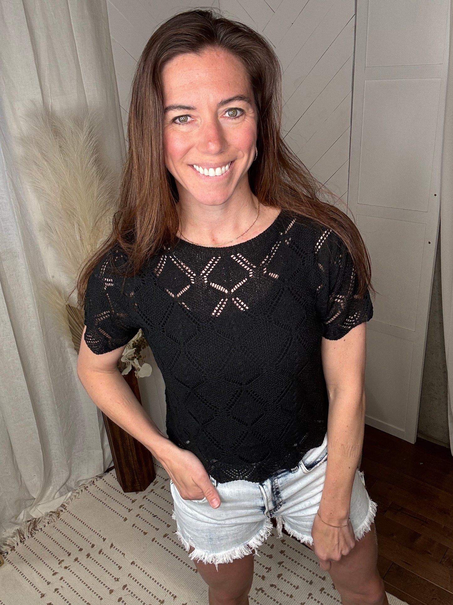 Black Short Sleeve Crochet Top