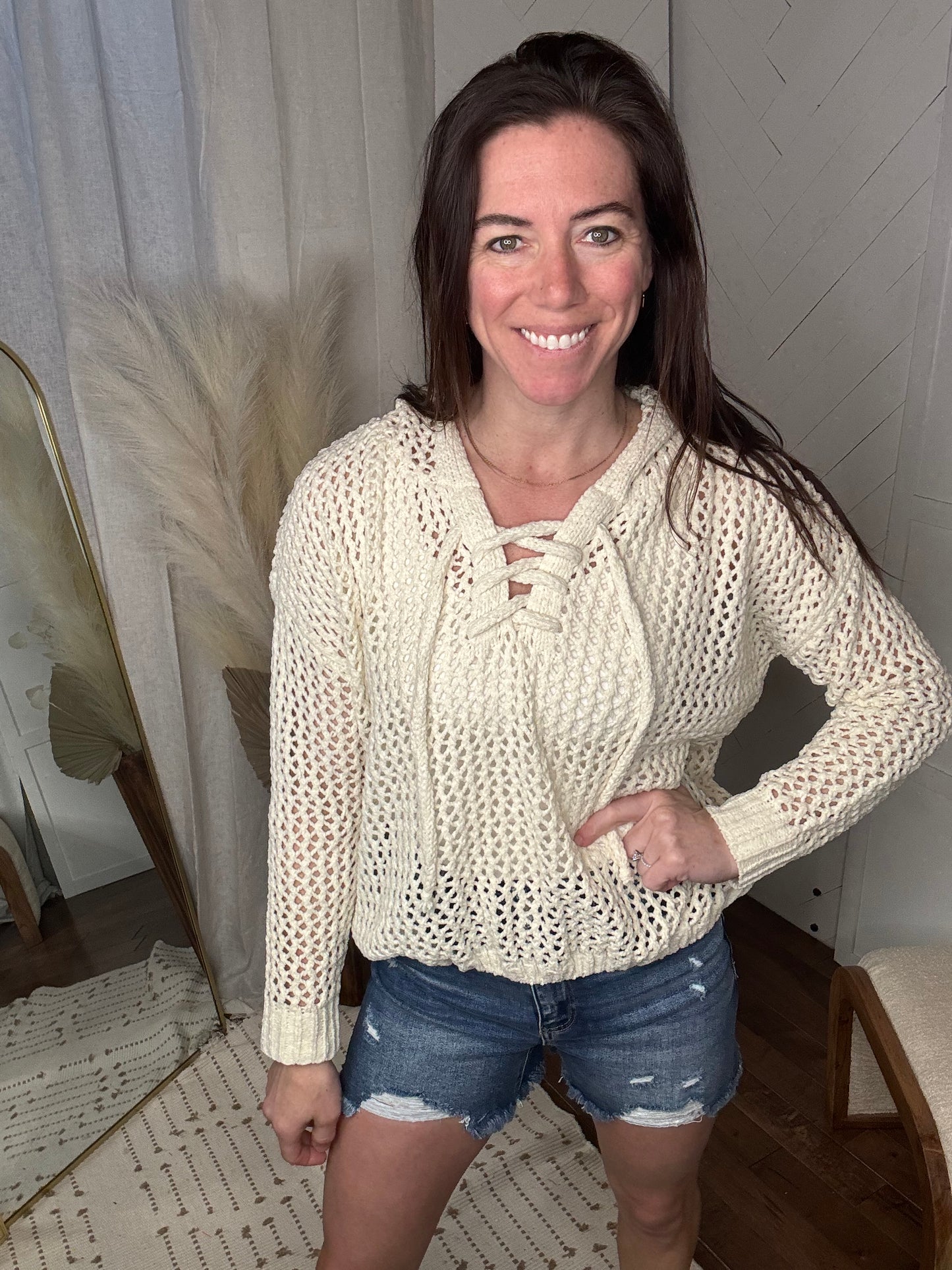 Oatmeal Crochet Knit Summer Hoodie