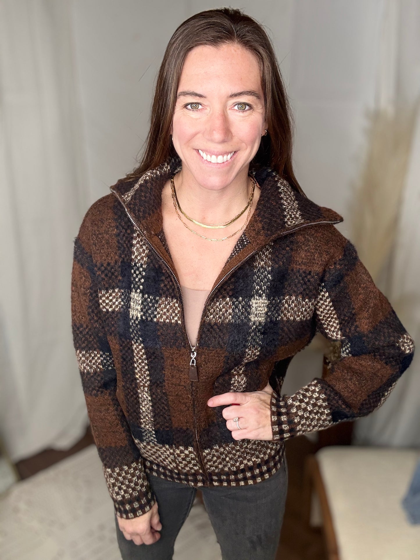Mocha Plaid Fuzzy Knit Sweater Jacket