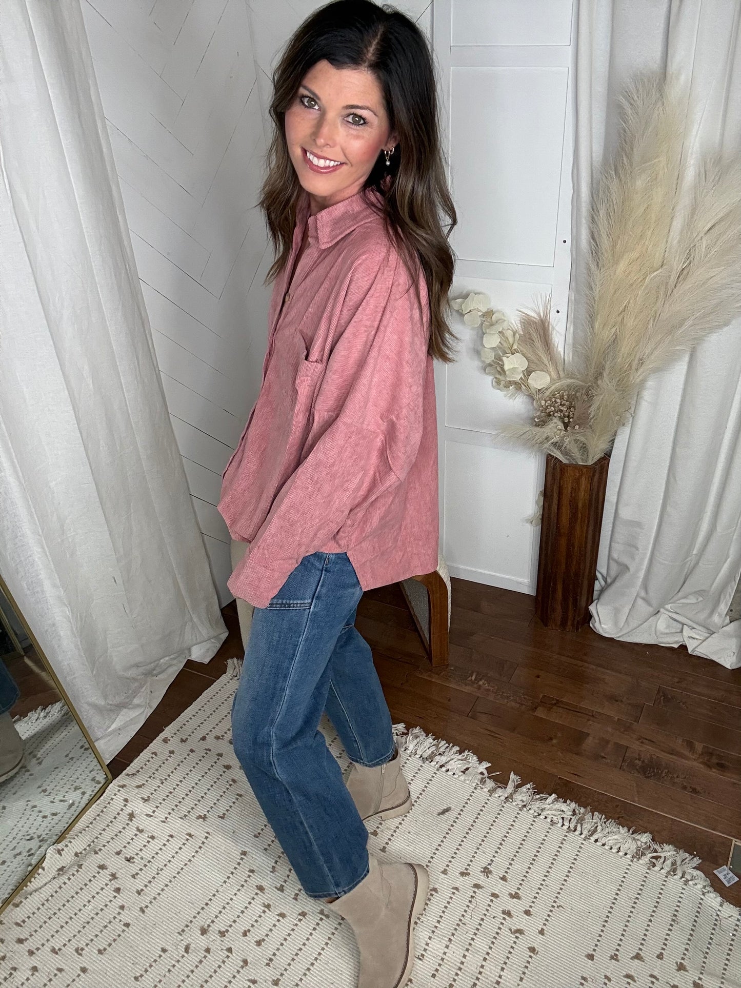 Mauve Casual Oversized Button Down Corduroy Shirt