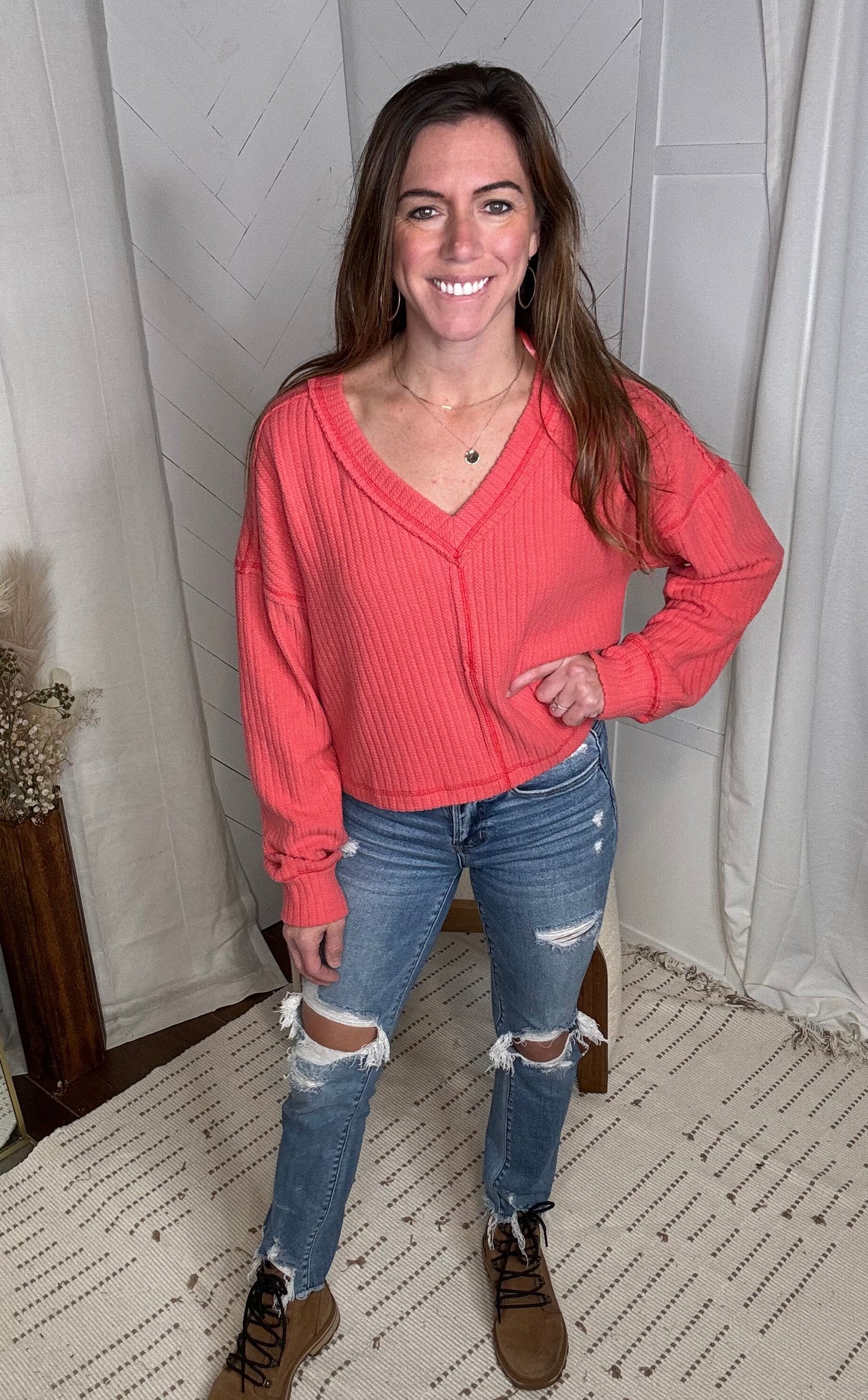 Cozy Cove V-Neck: Coral