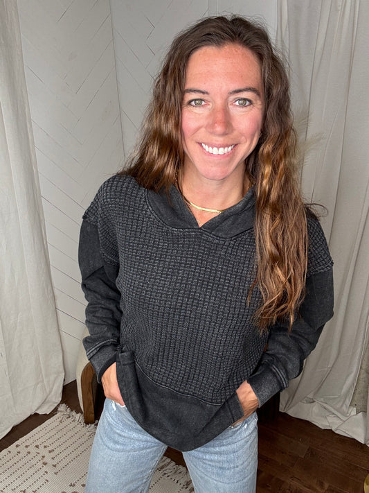 Waffle Knit Hoodie: Black