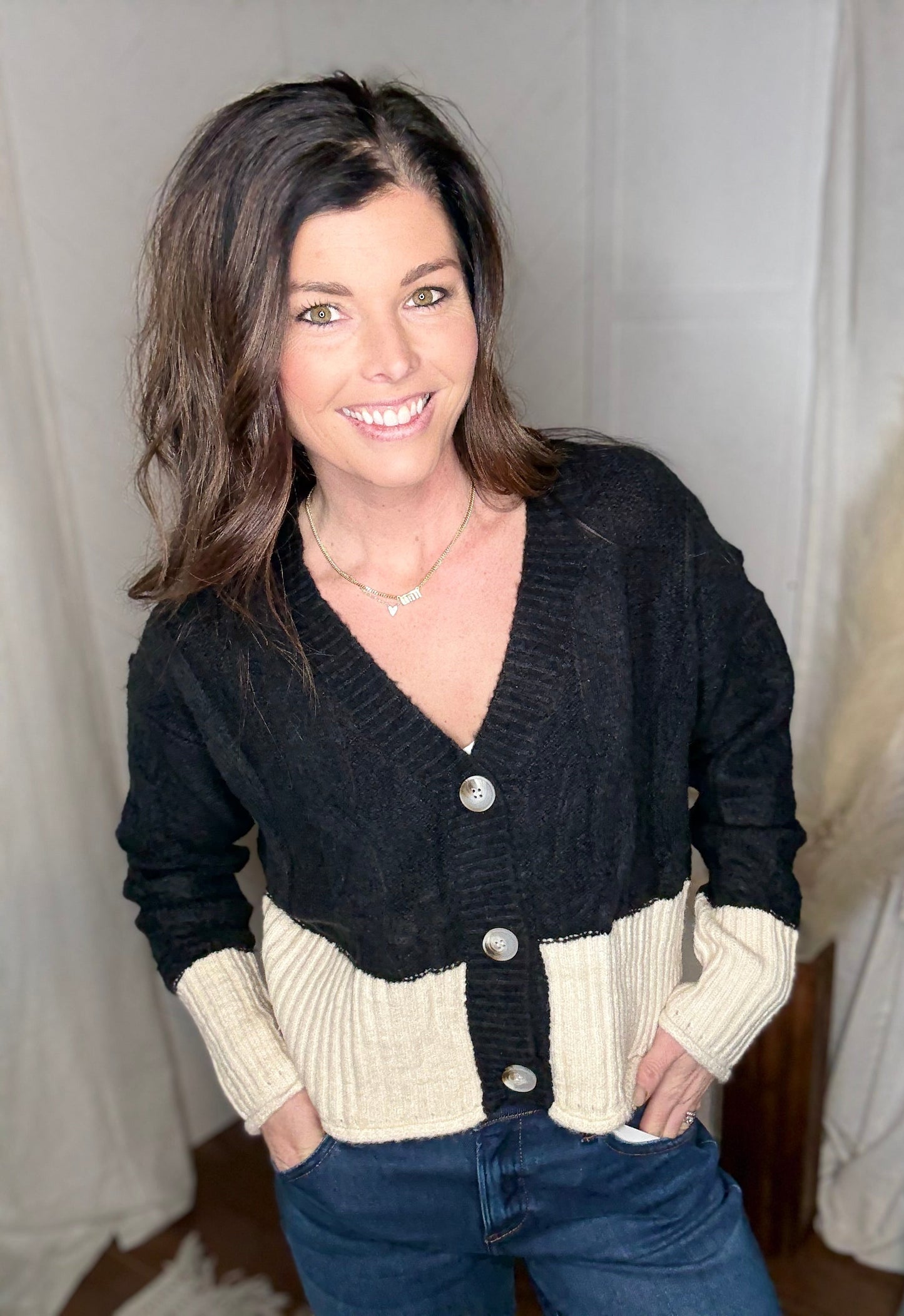 Black Oatmeal Cable Knit Crop Sweater Cardigan