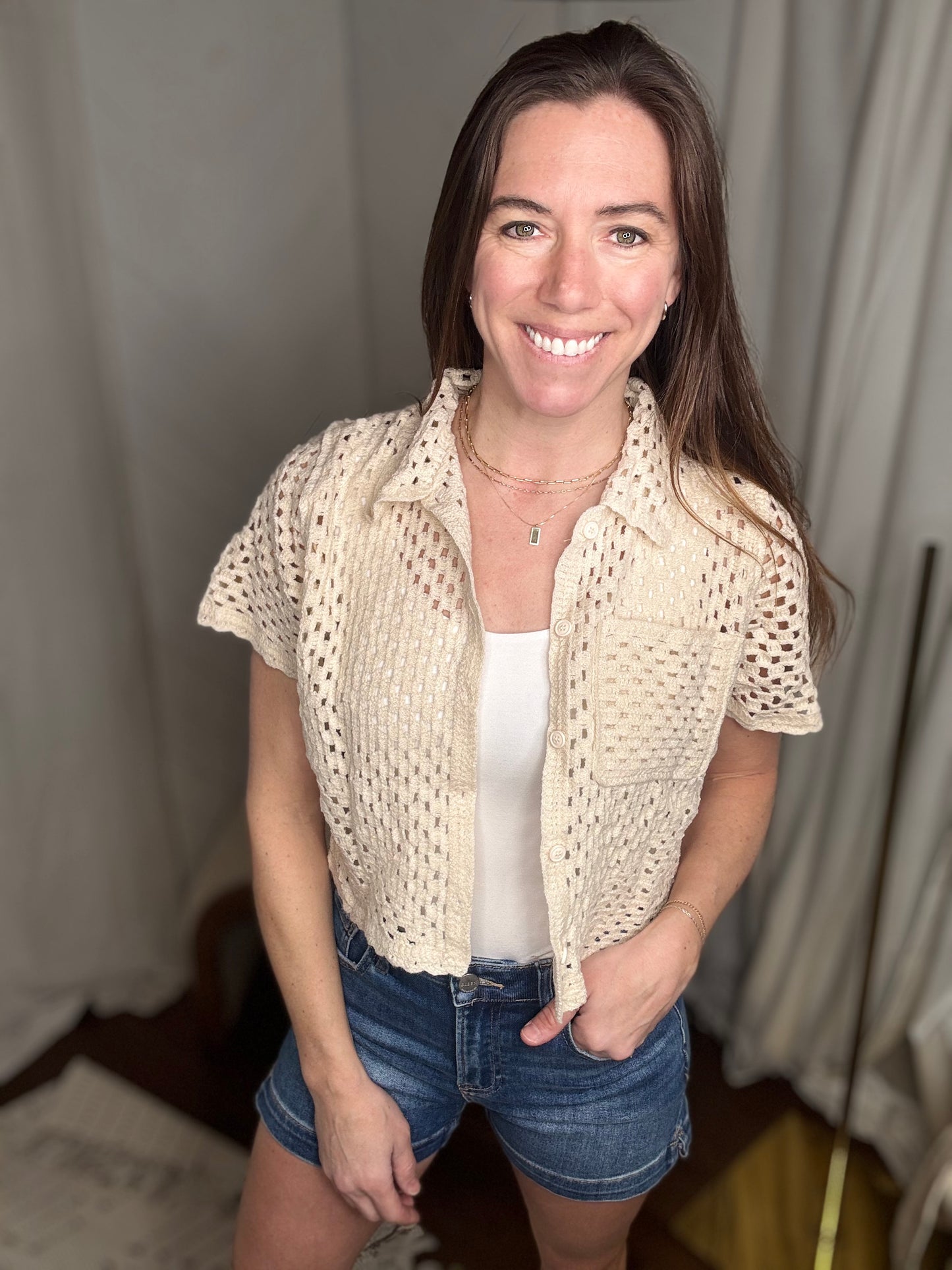 Ivory Button Down Crochet Knit Top