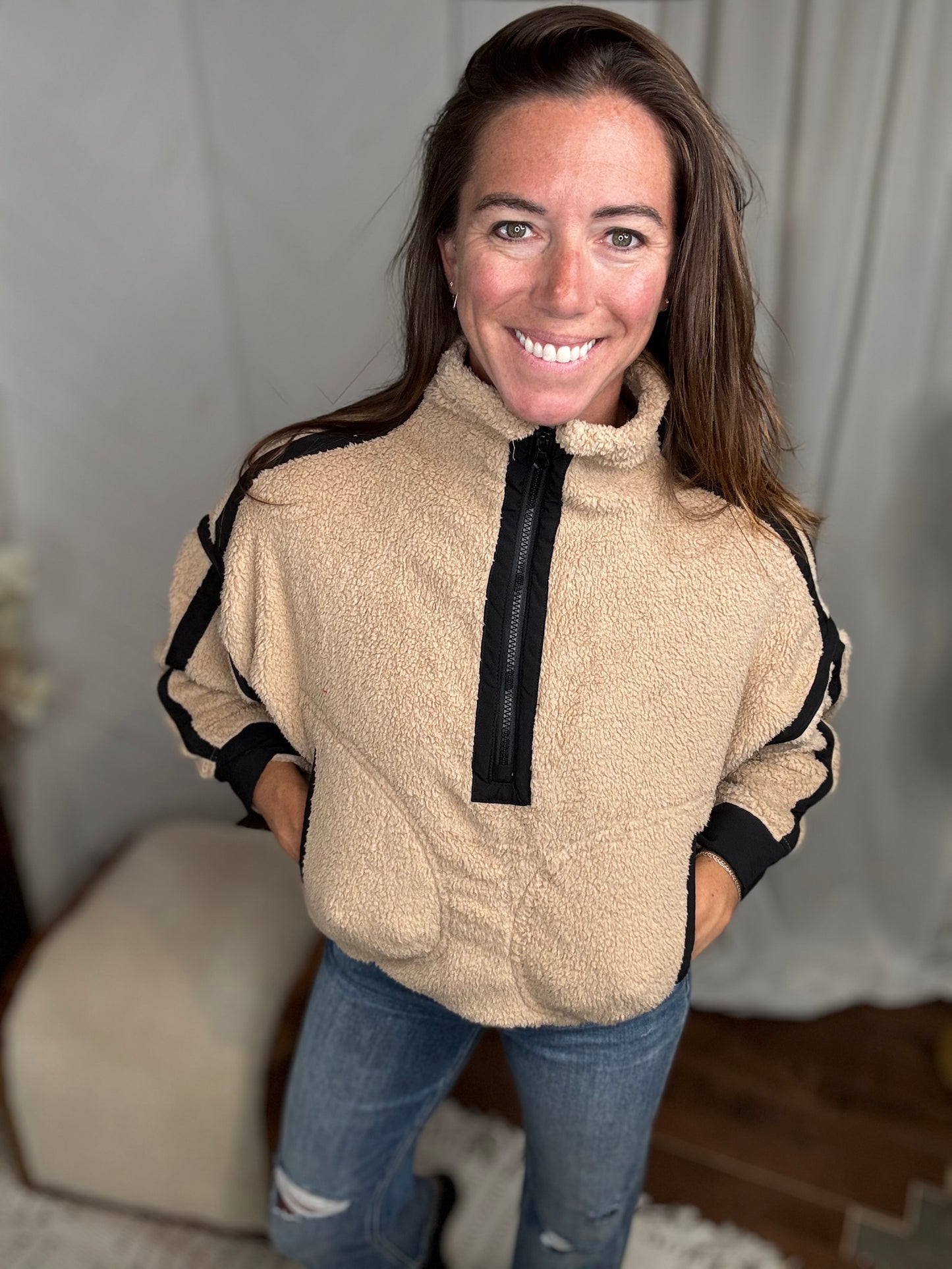 Tan & Black Half Zip Sherpa Fleece Sweatshirt