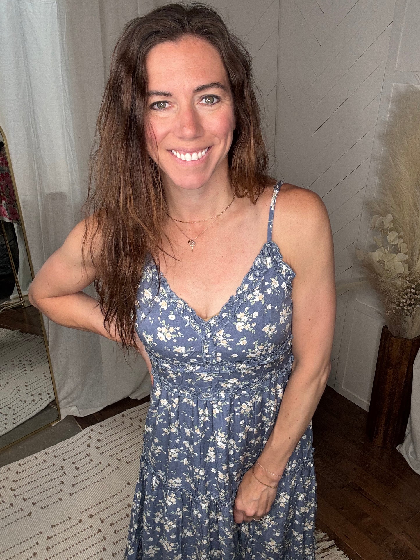 Blue Floral Tiered Midi Dress