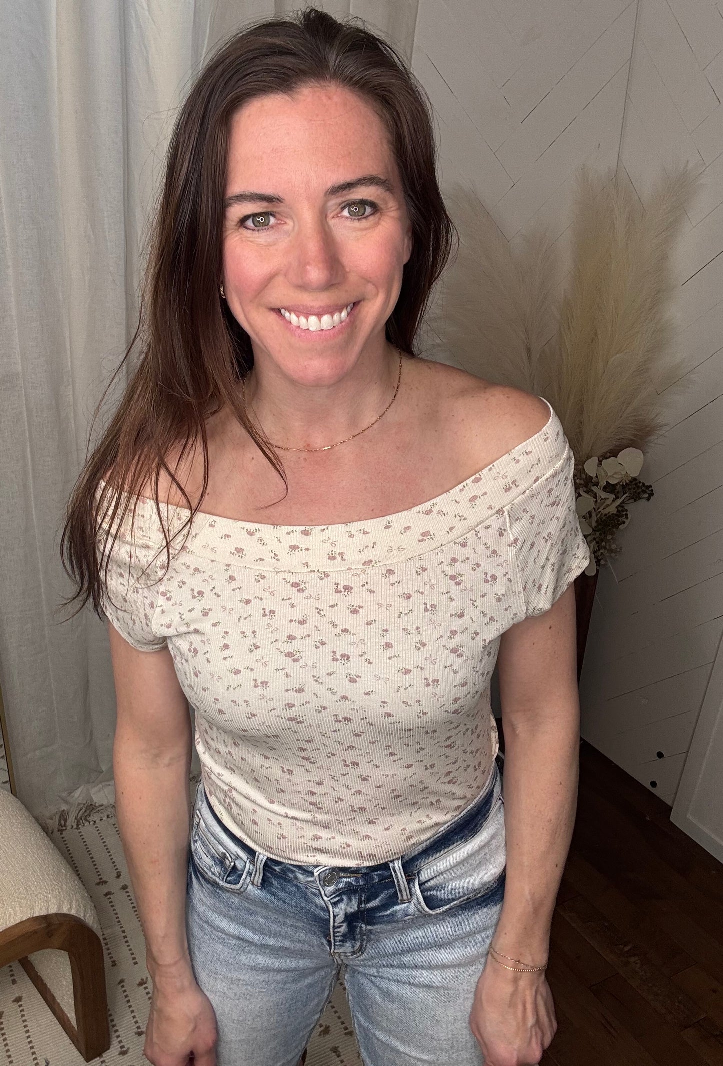 Floral Print Rib Off the Shoulder Short Sleeve Top