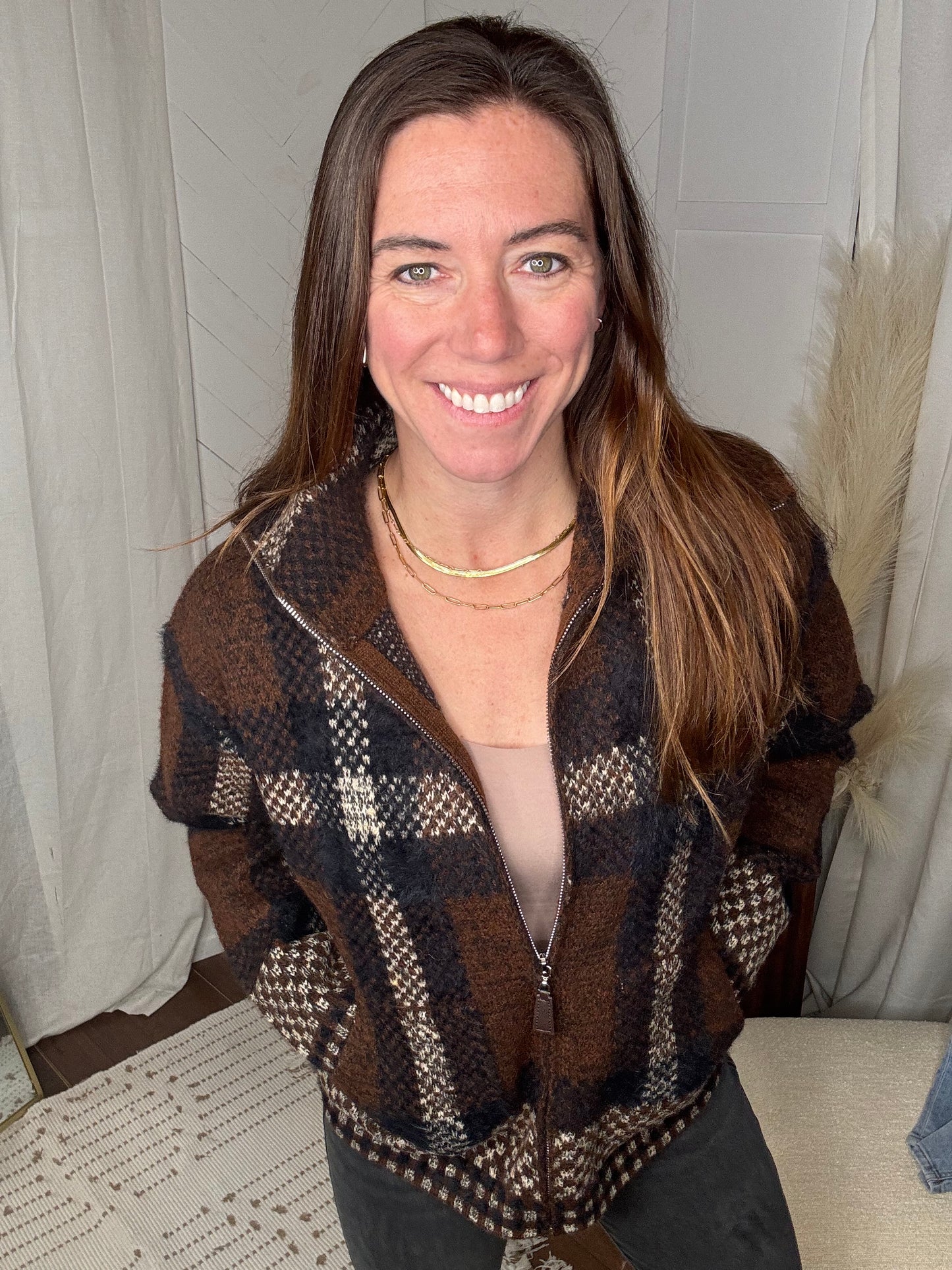 Mocha Plaid Fuzzy Knit Sweater Jacket