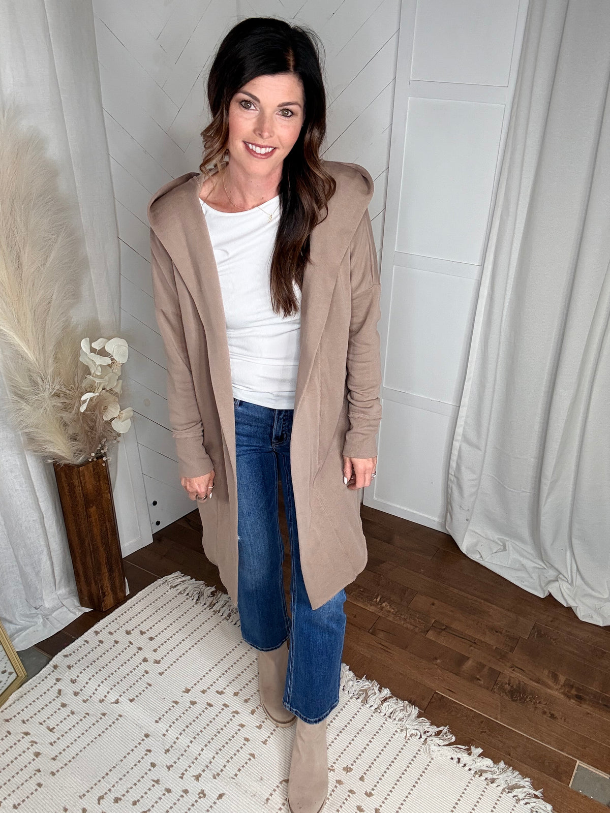 Silken Taupe Open Front Longline Hoodie Cardigan