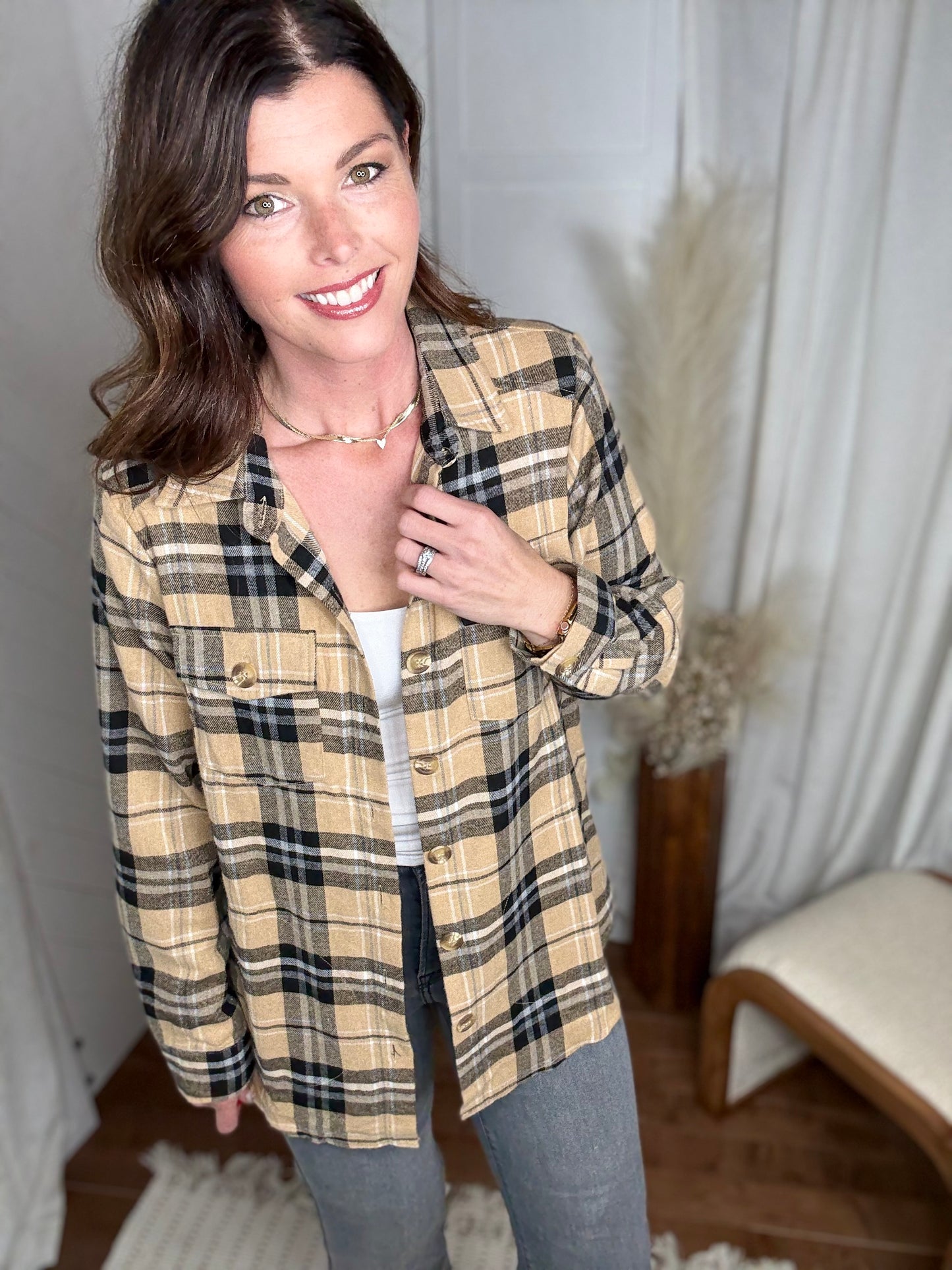 Taupe Plaid Button Up