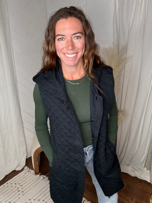 Longline Quilted Vest: Black