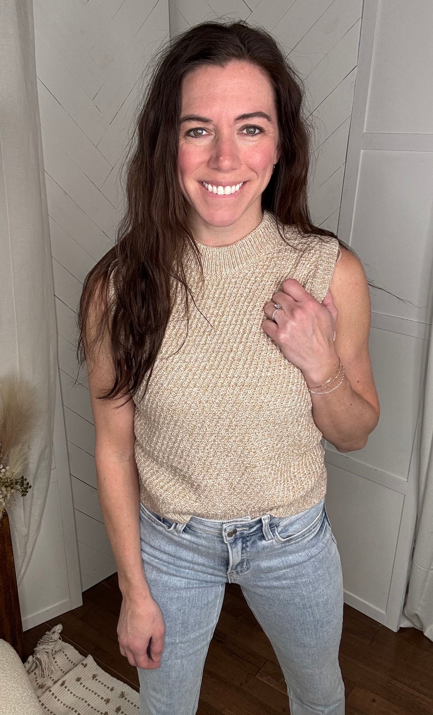 Taupe Sleeveless Crew Neck Sweater