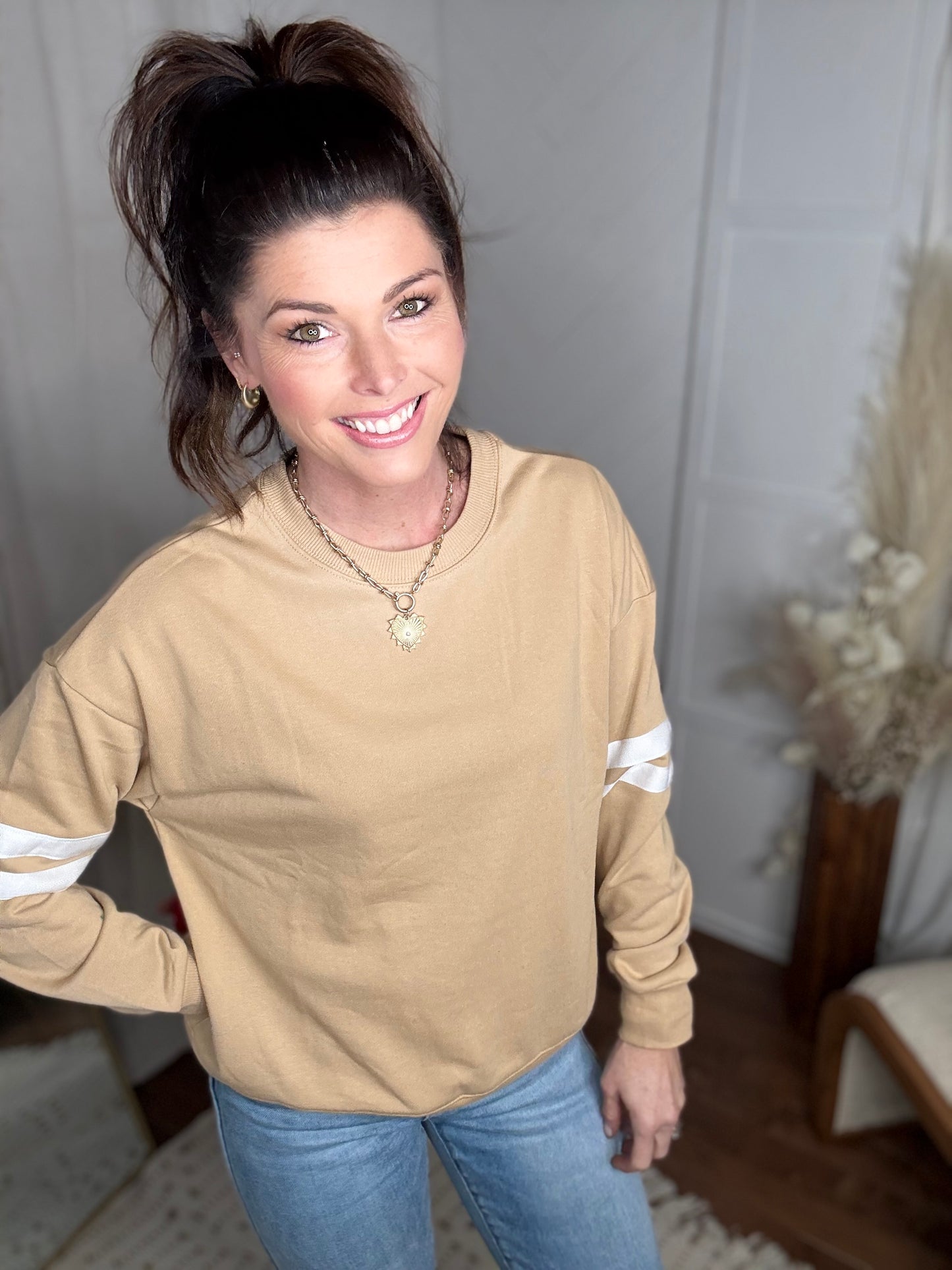 Varsity Striped Sweatshirt: Beige