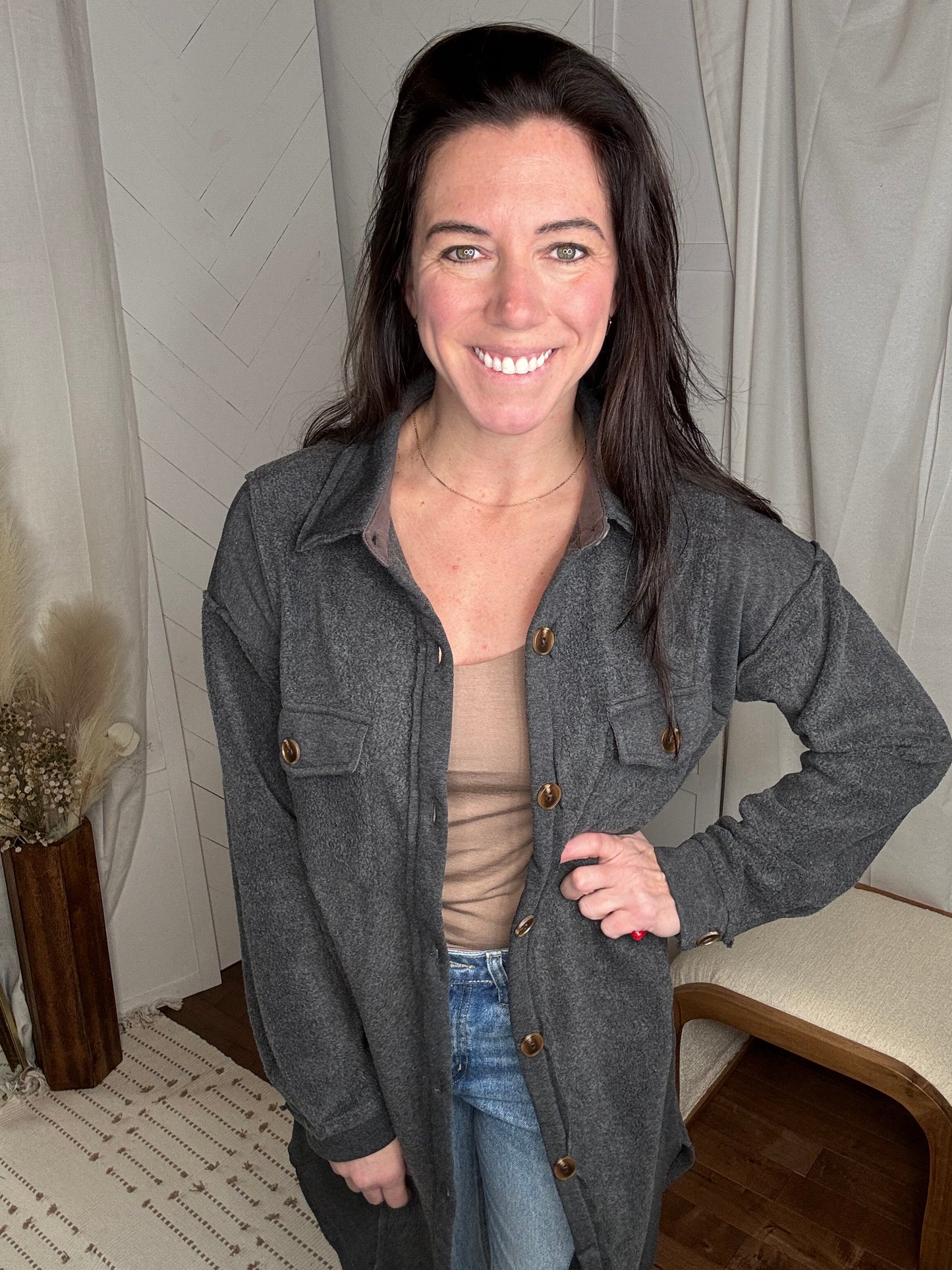 Charcoal Fleece Long Line Jacket
