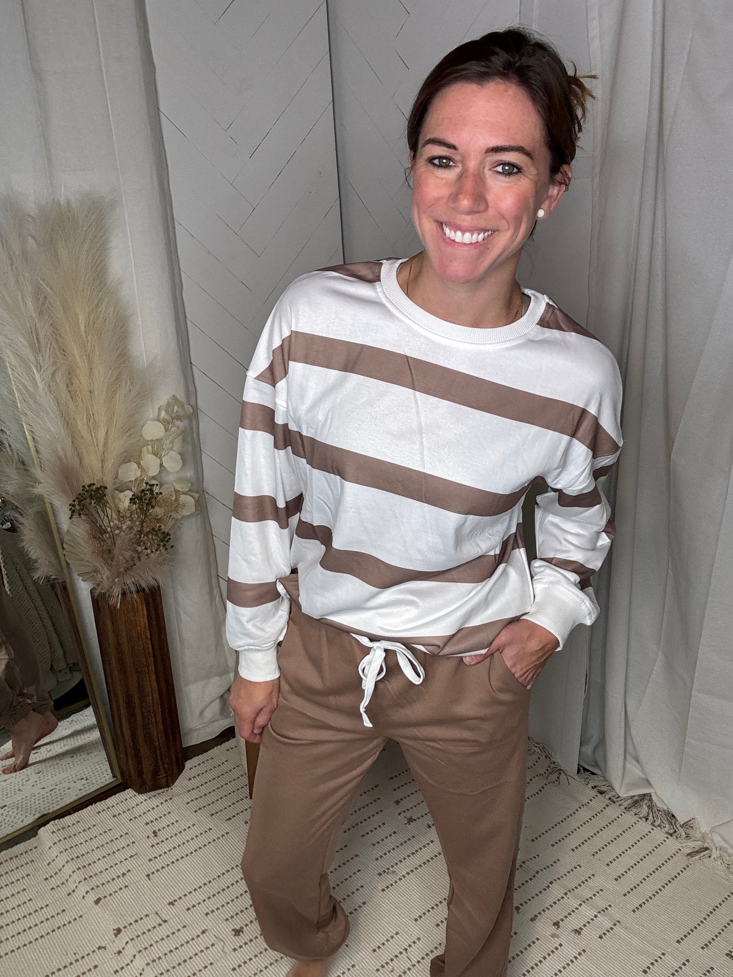 Beige Striped Pullover & Jogger Set