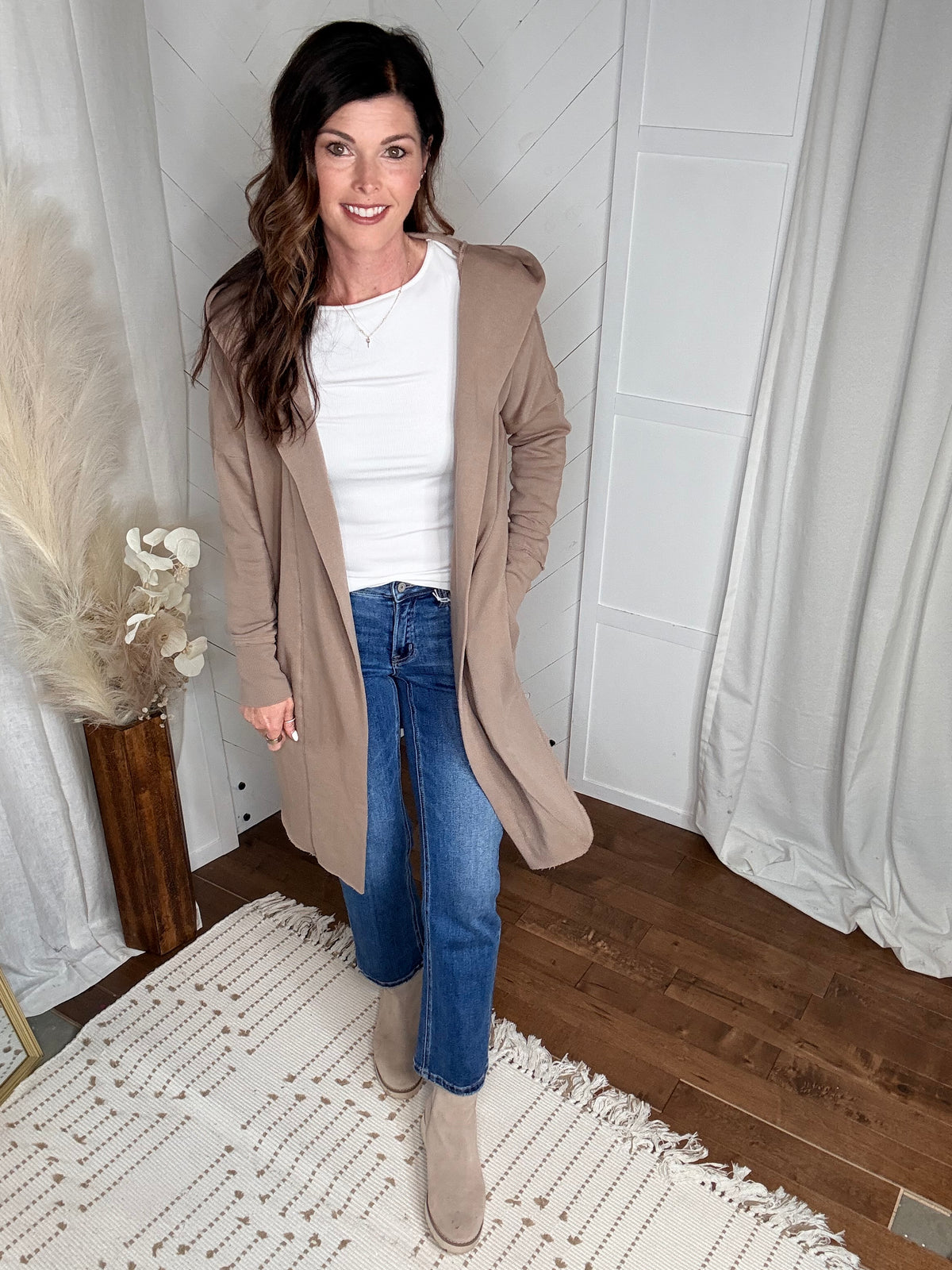Silken Taupe Open Front Longline Hoodie Cardigan