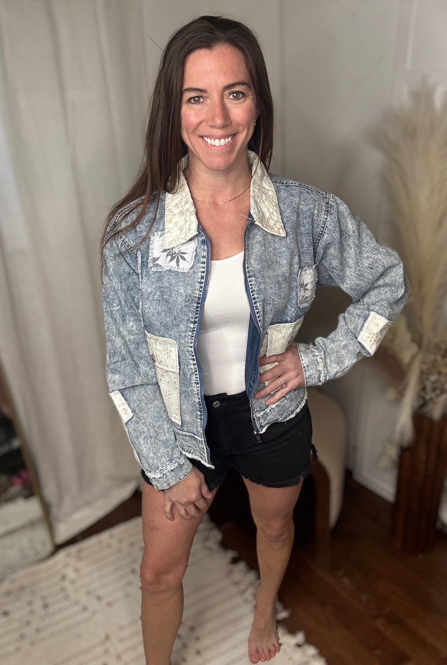 Vintage Washed Zip-Up Patch Denim Jacket