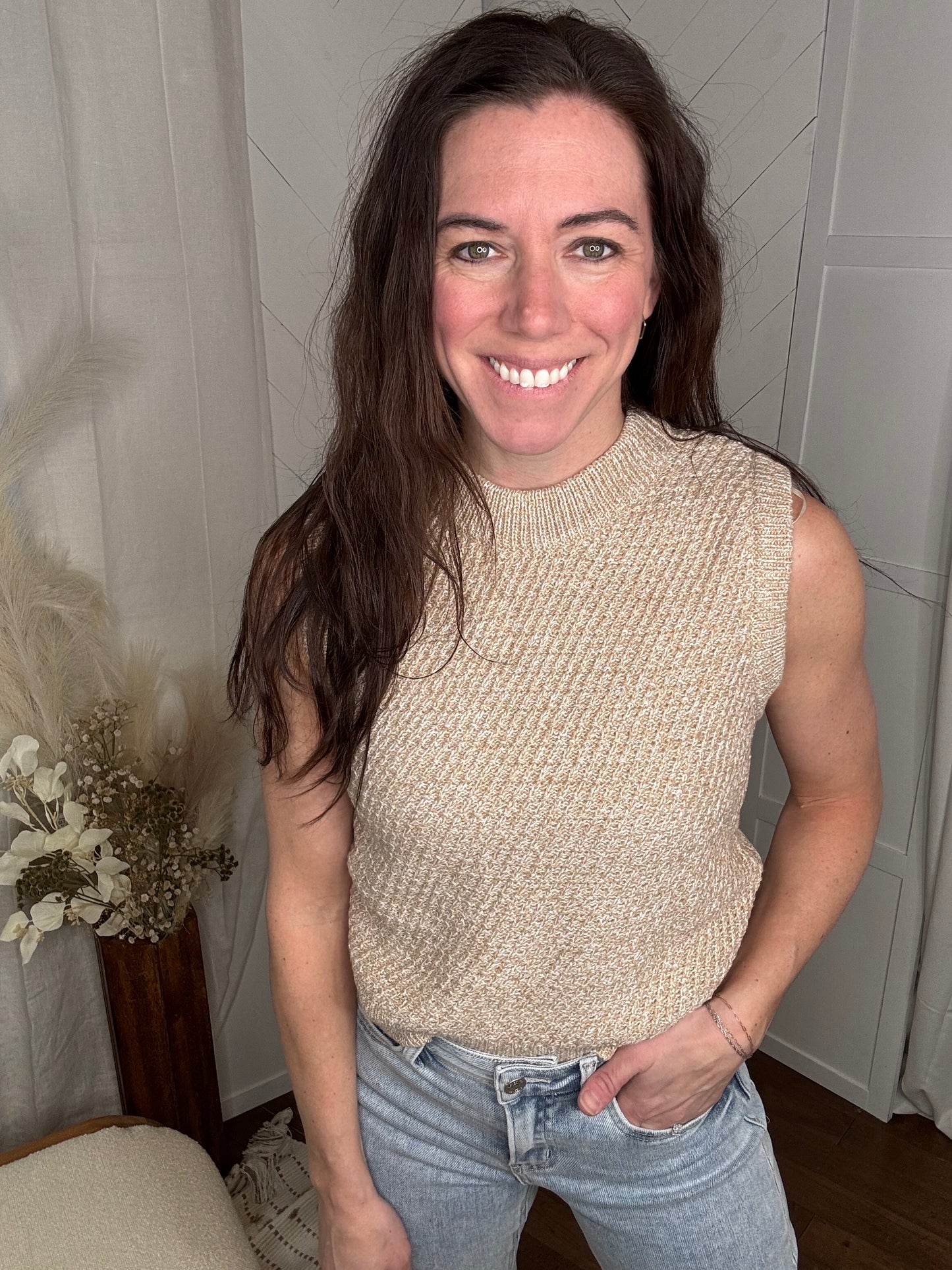 Taupe Sleeveless Crew Neck Sweater
