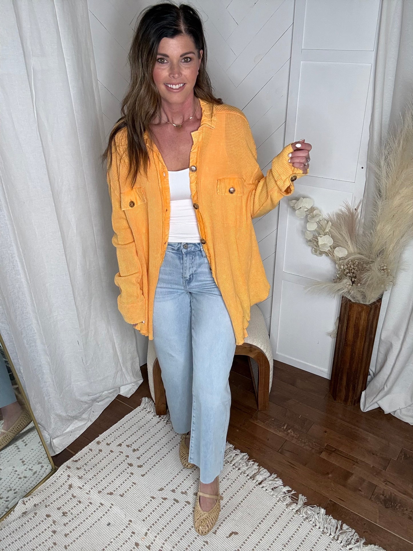 Apricot Vintage Wash Waffle Button Up