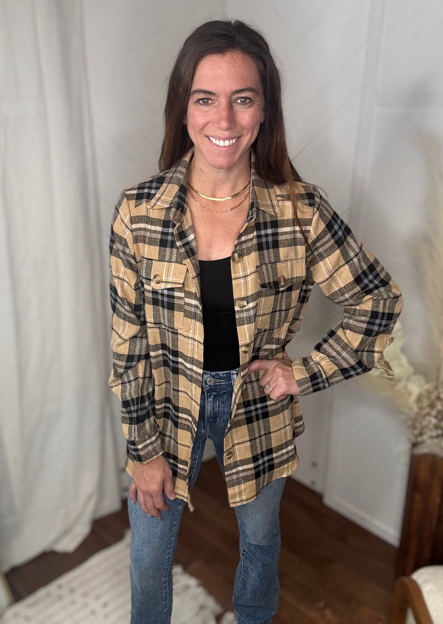 Taupe Plaid Button Up