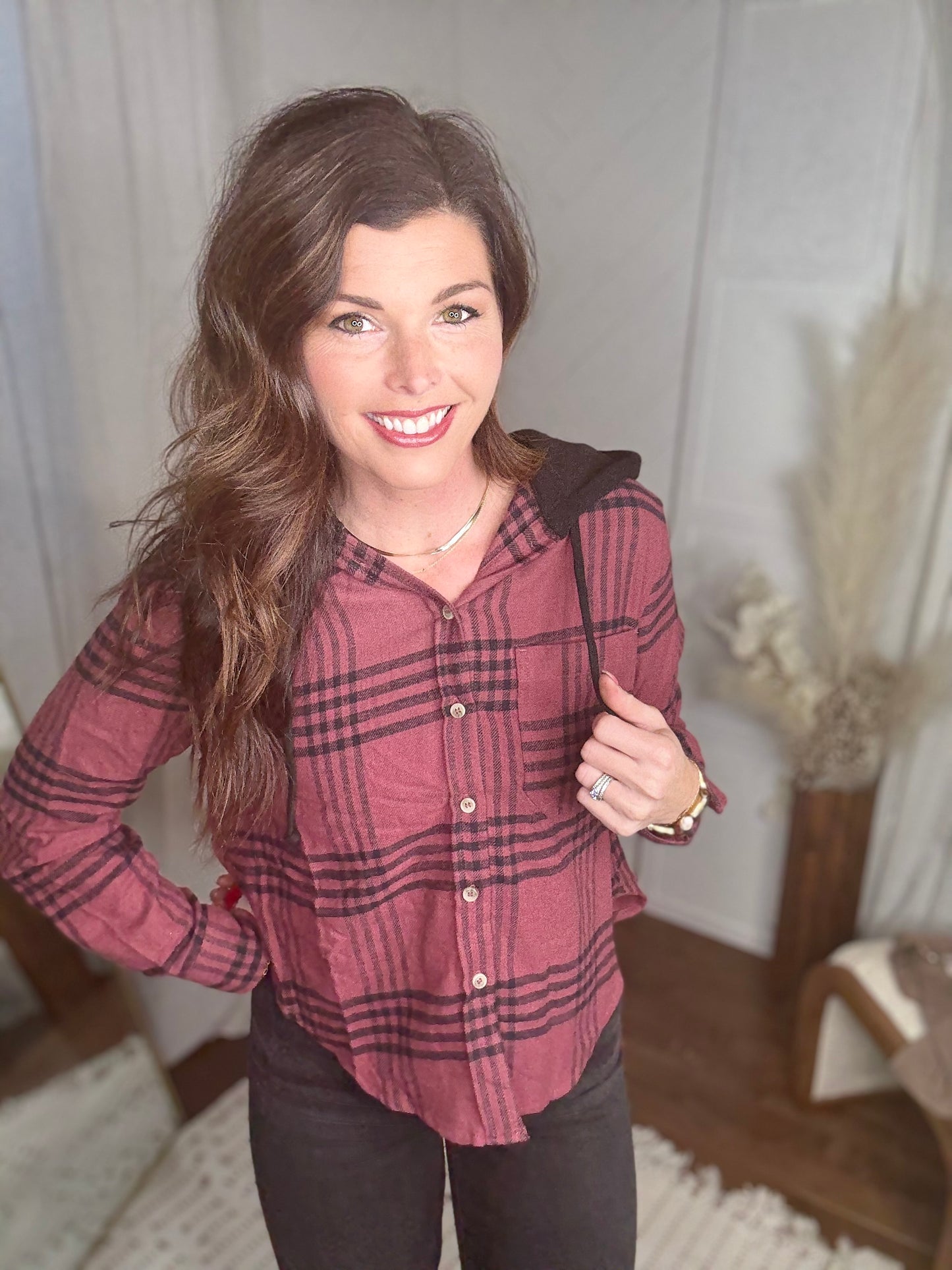 Burgundy Hooded Flannel Shirt