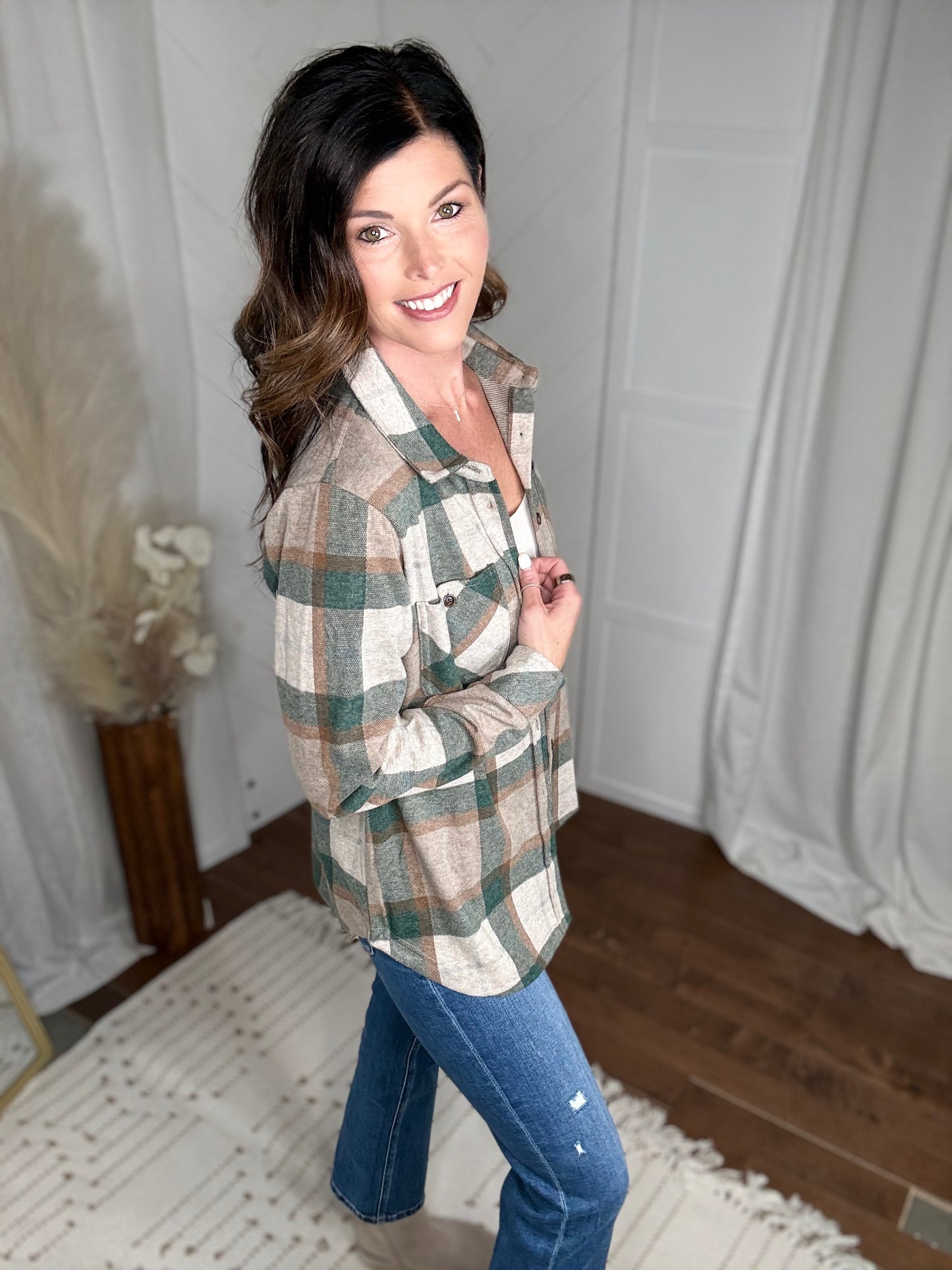 Tan, Dk. Green & Rust Plaid Button Up