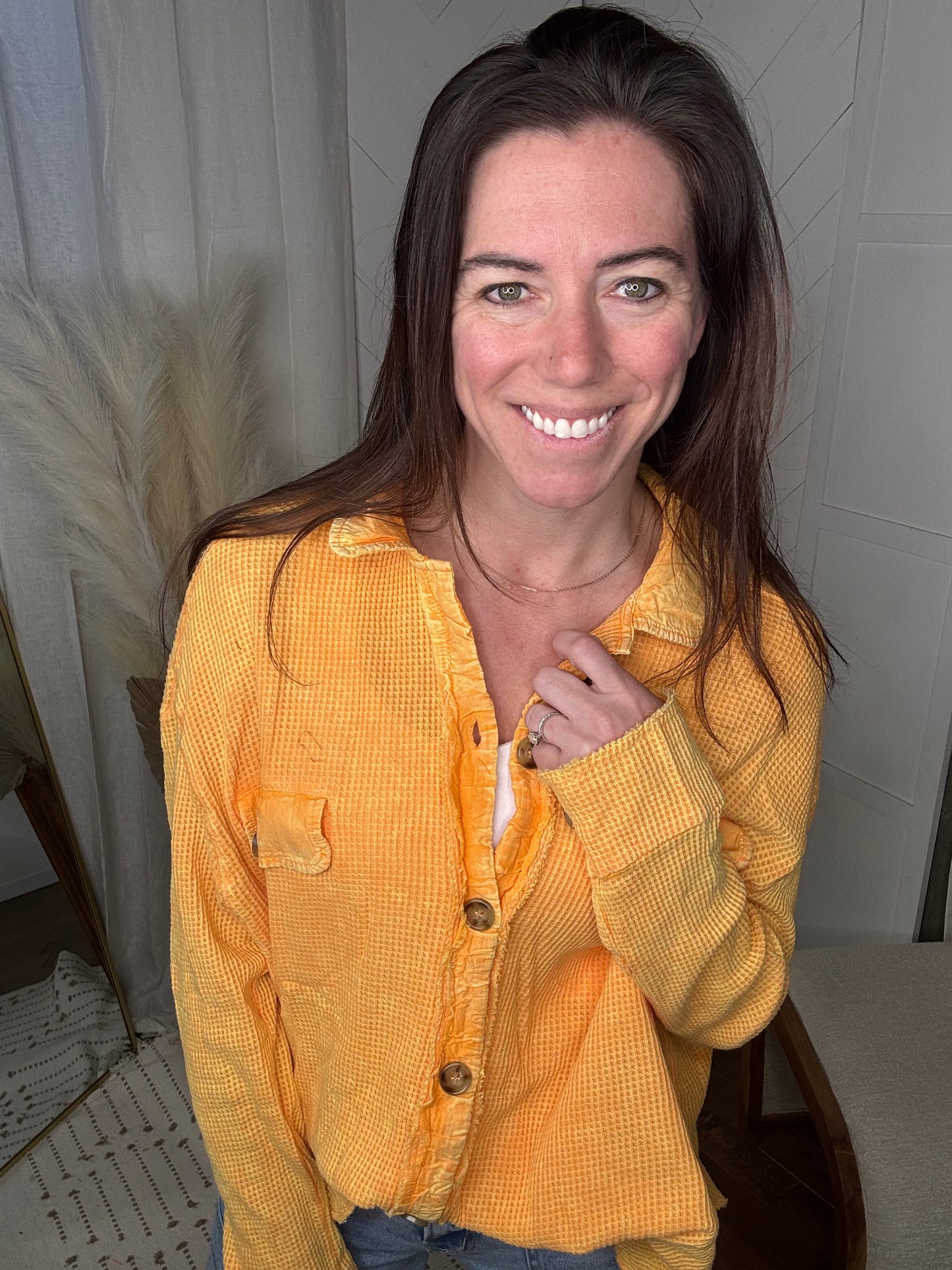 Apricot Vintage Wash Waffle Button Up