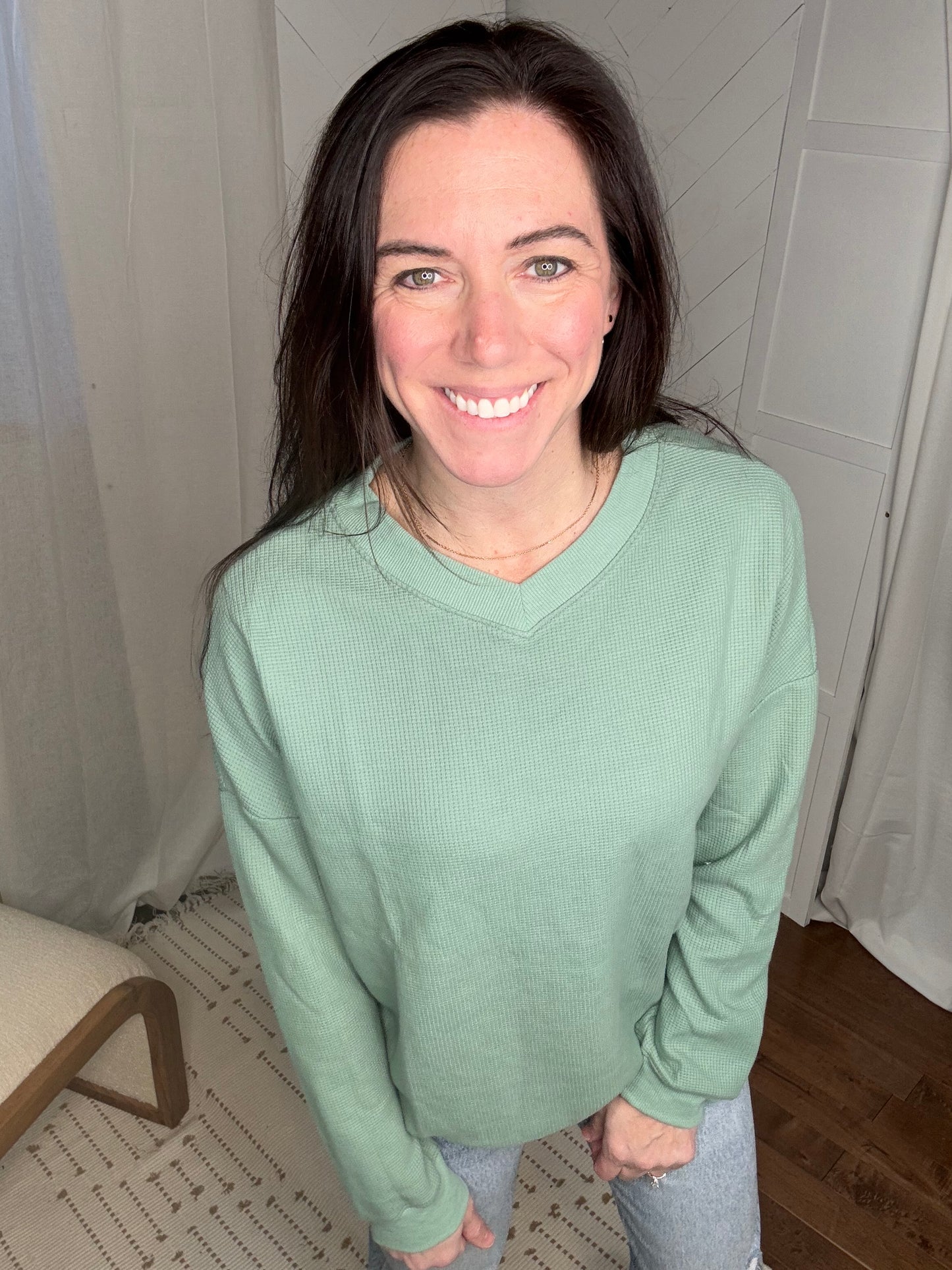 Moody Mint Waffle V Neck Top