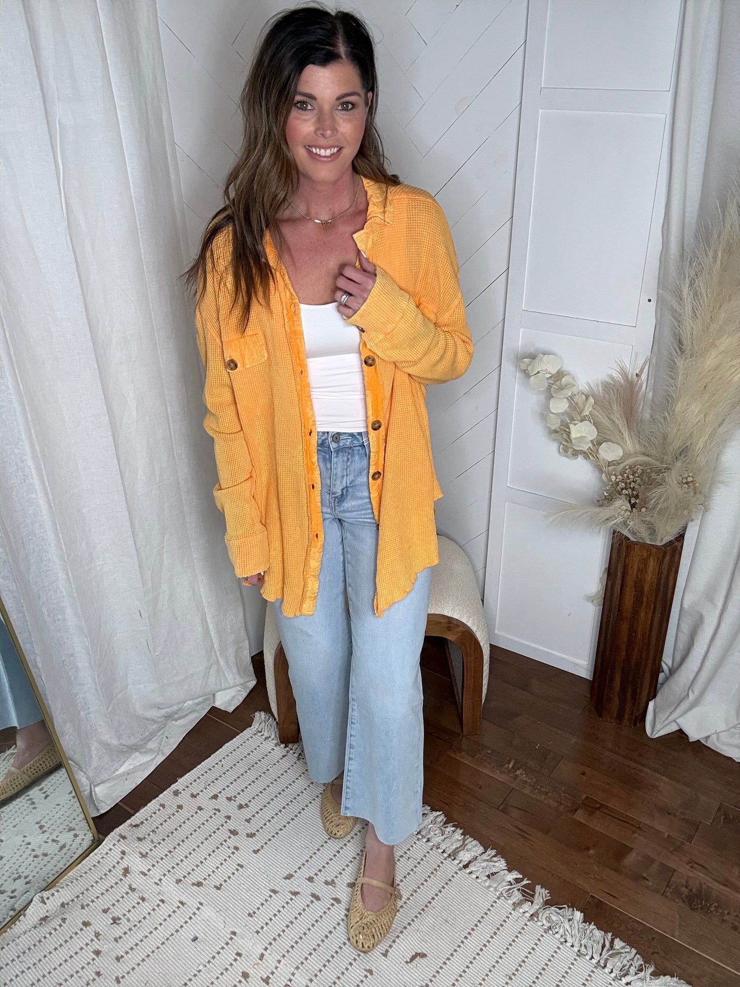 Apricot Vintage Wash Waffle Button Up