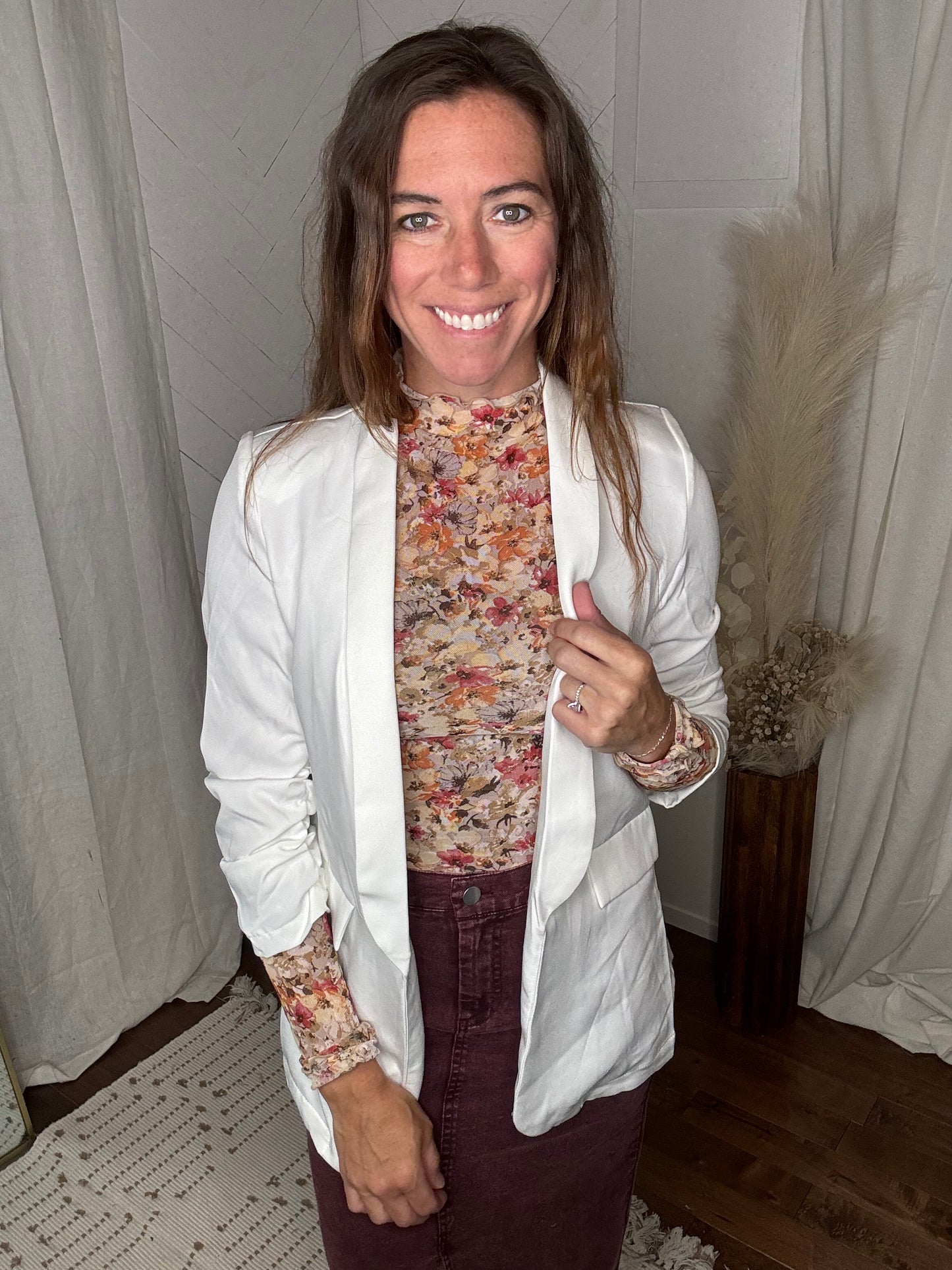 White Bunched Sleeve Blazer