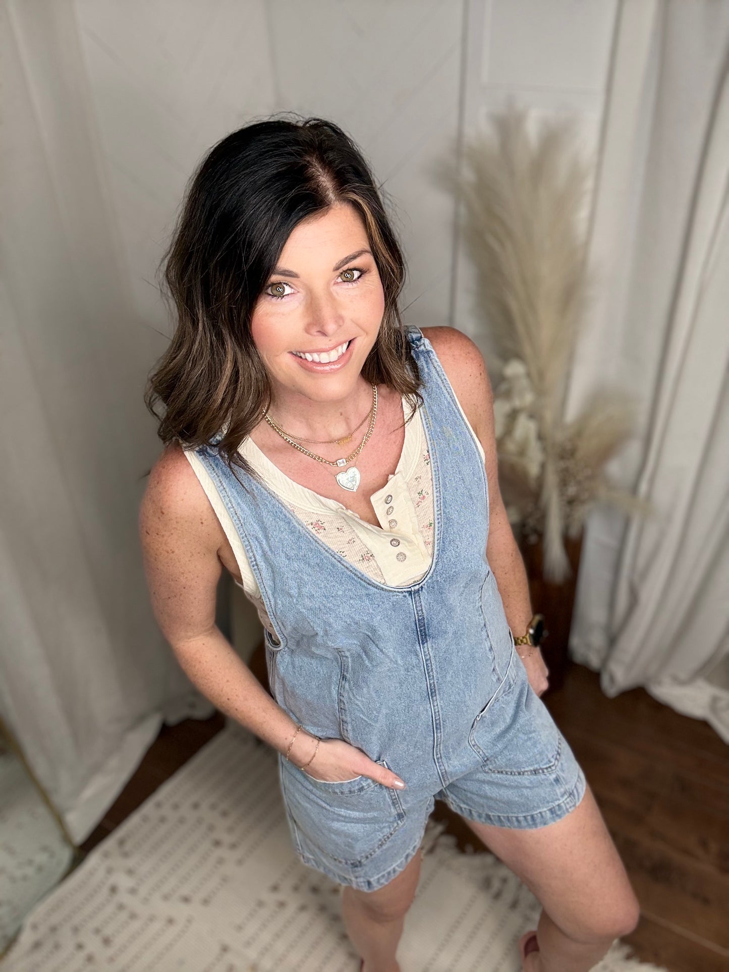 Oatmeal Floral Ribbed Button Tank