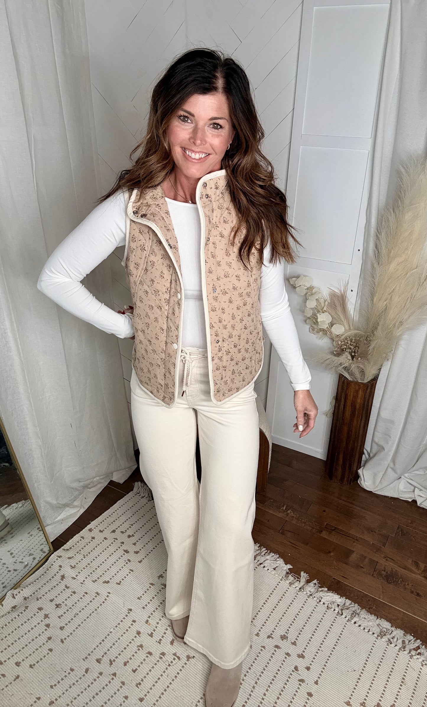 Khaki Floral Print Quilted Vest