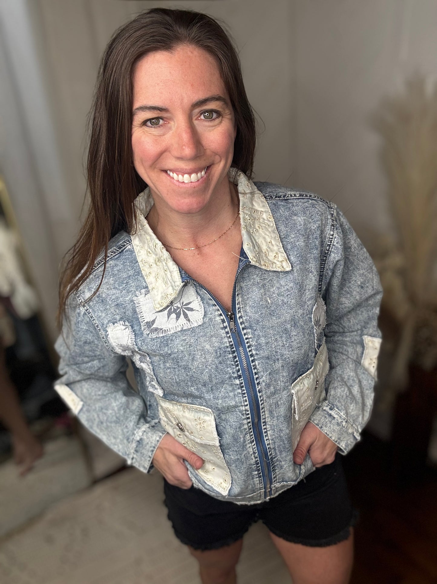 Vintage Washed Zip-Up Patch Denim Jacket