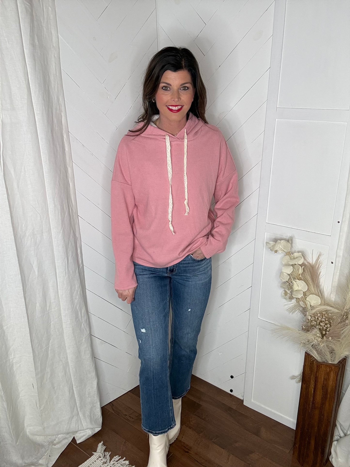 Rose Textured Drawstring Hoodie