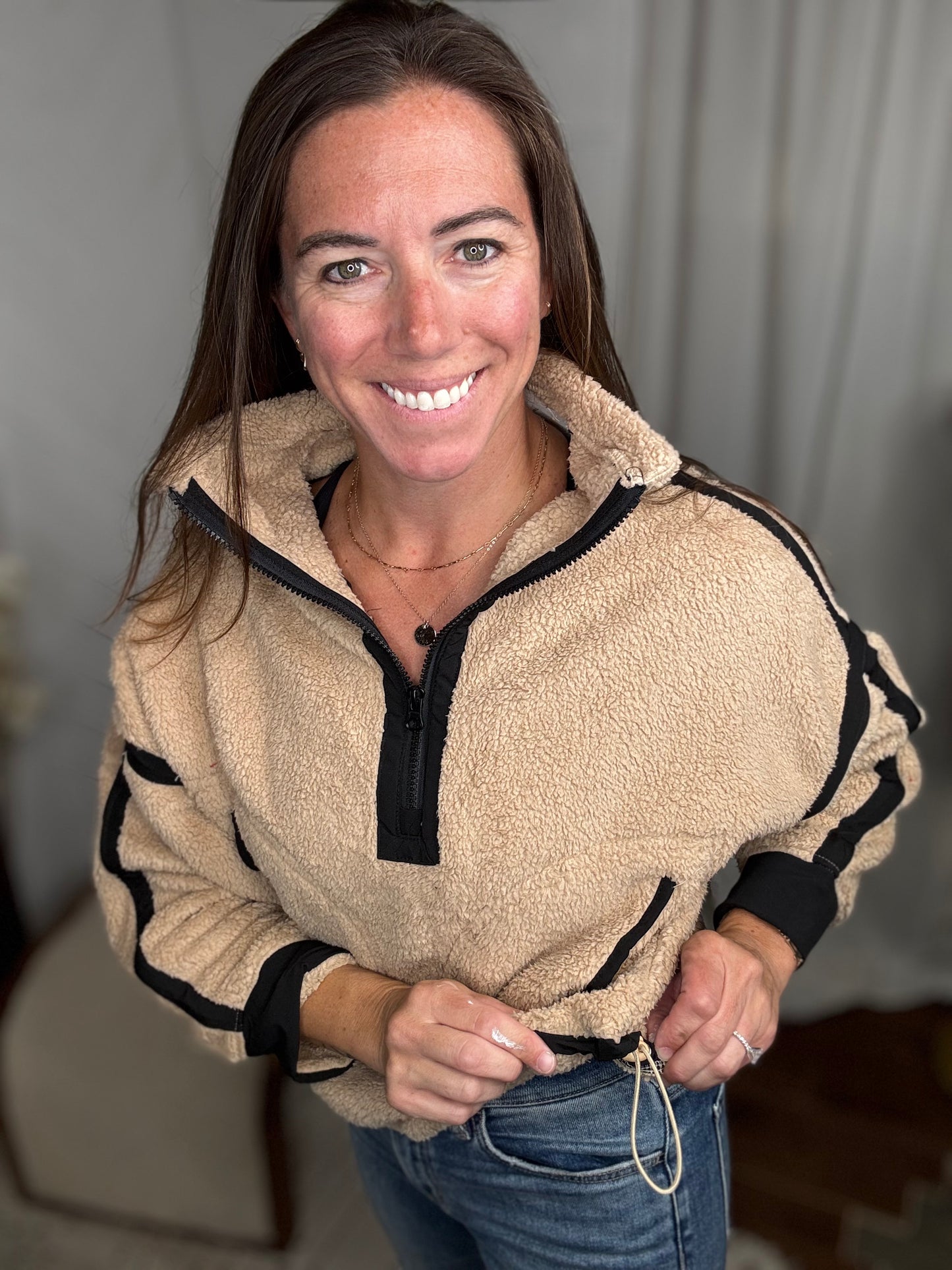 Tan & Black Half Zip Sherpa Fleece Sweatshirt