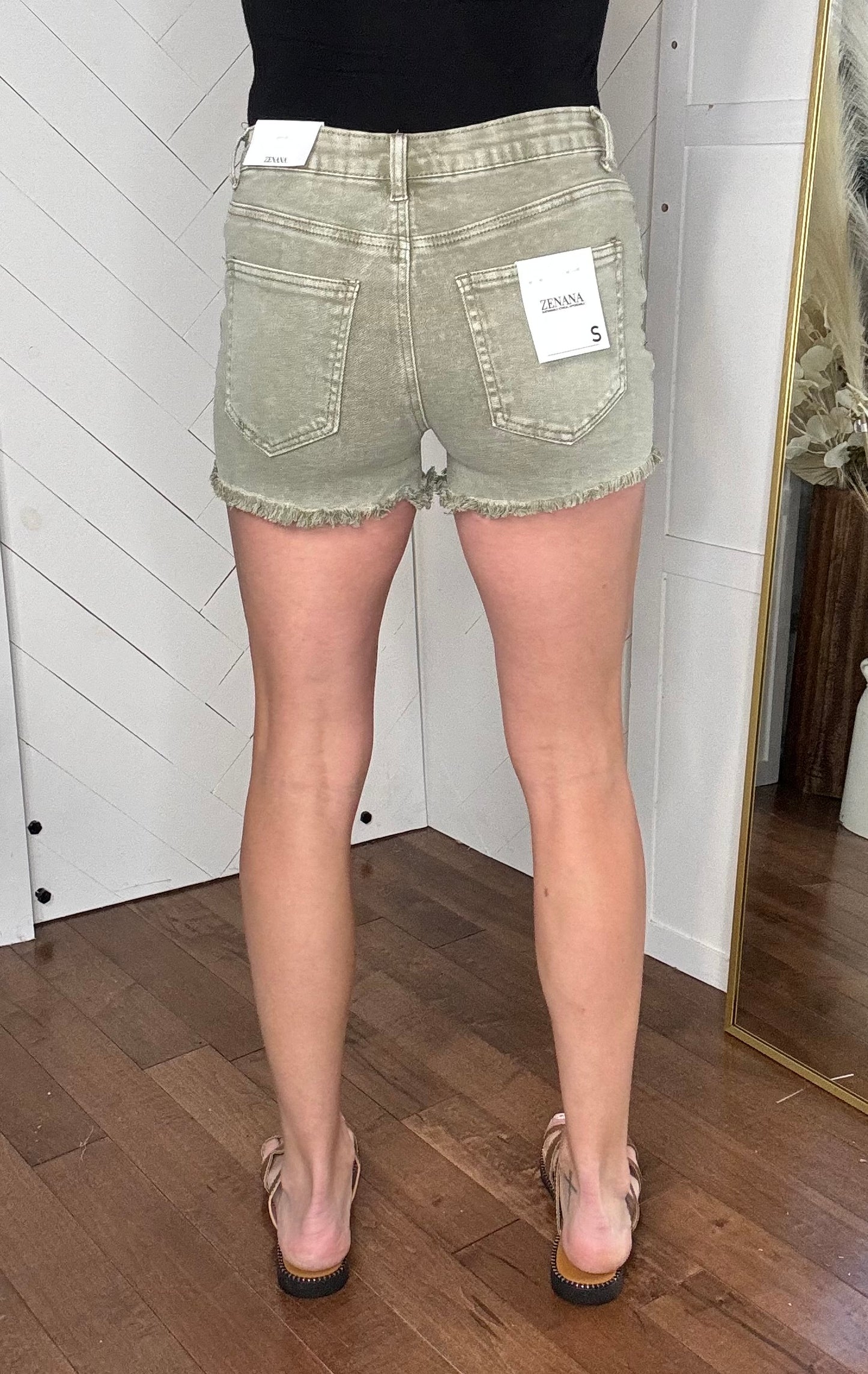 Light Olive Acid Washed Shorts