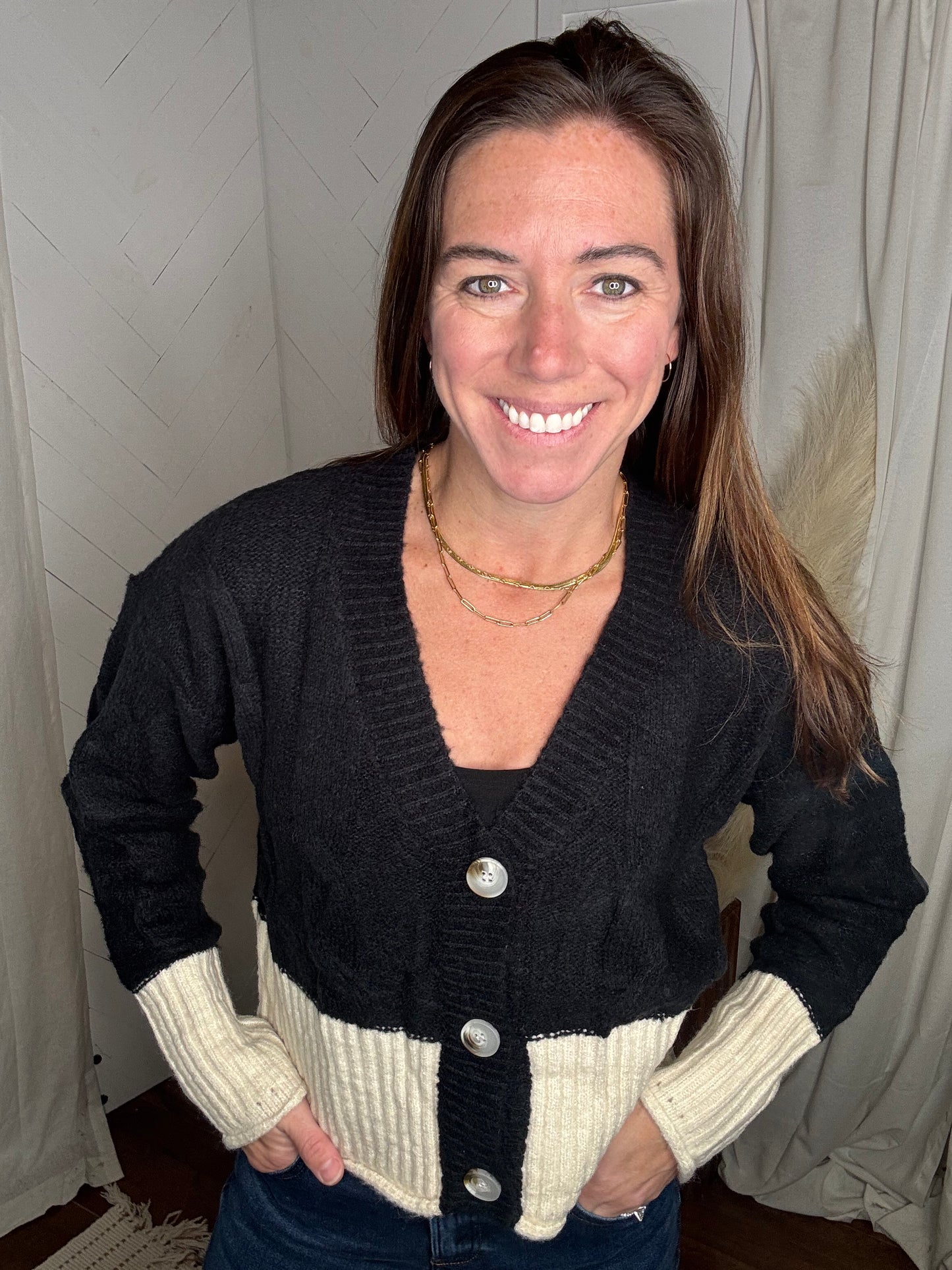 Black Oatmeal Cable Knit Crop Sweater Cardigan