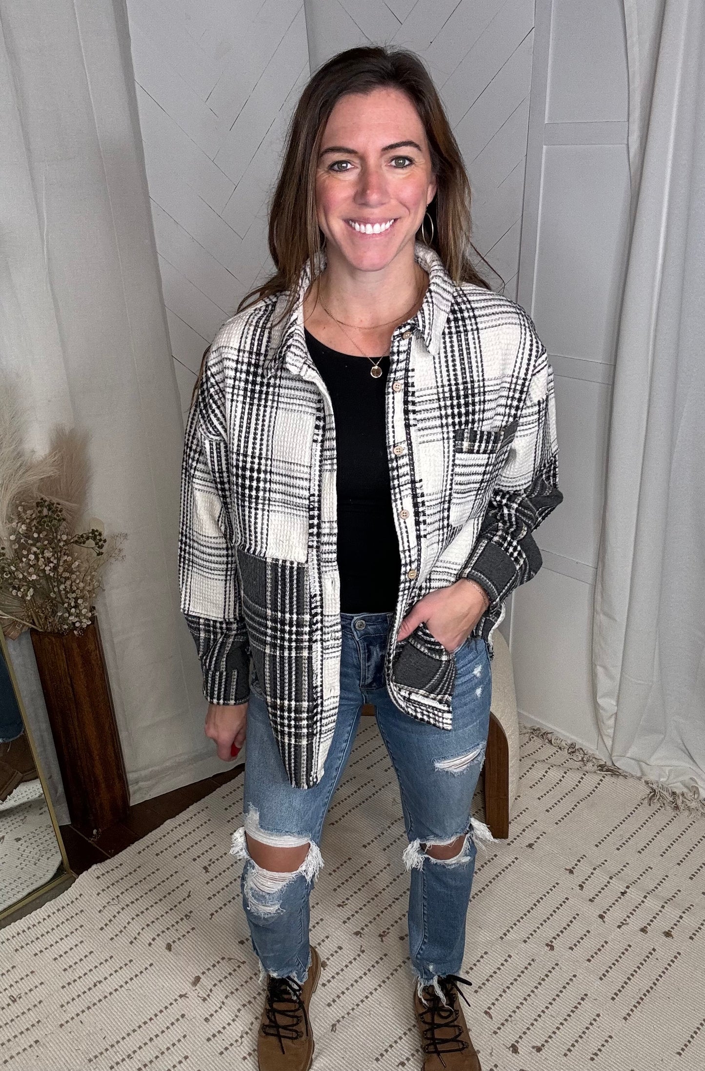 Shades of Grey Mixed Plaid Oversized Shacket