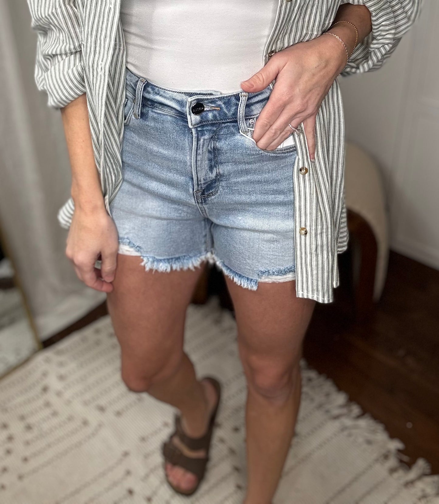 Risen71: Light High Rise Distressed Shorts