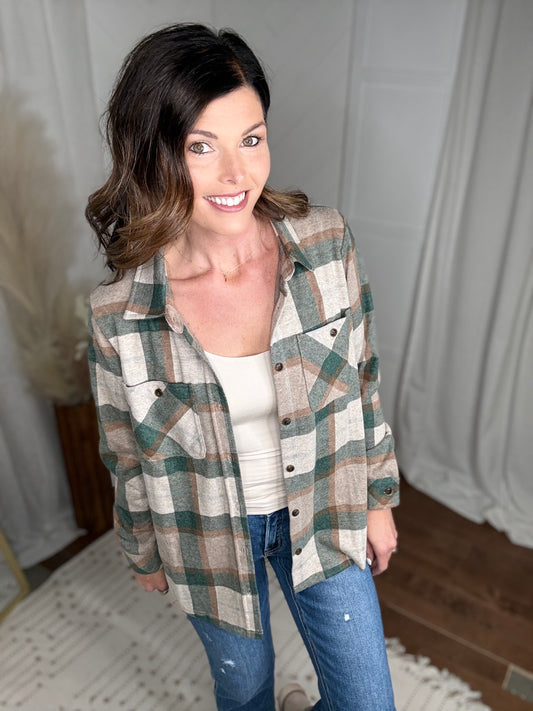 Tan, Dk. Green & Rust Plaid Button Up