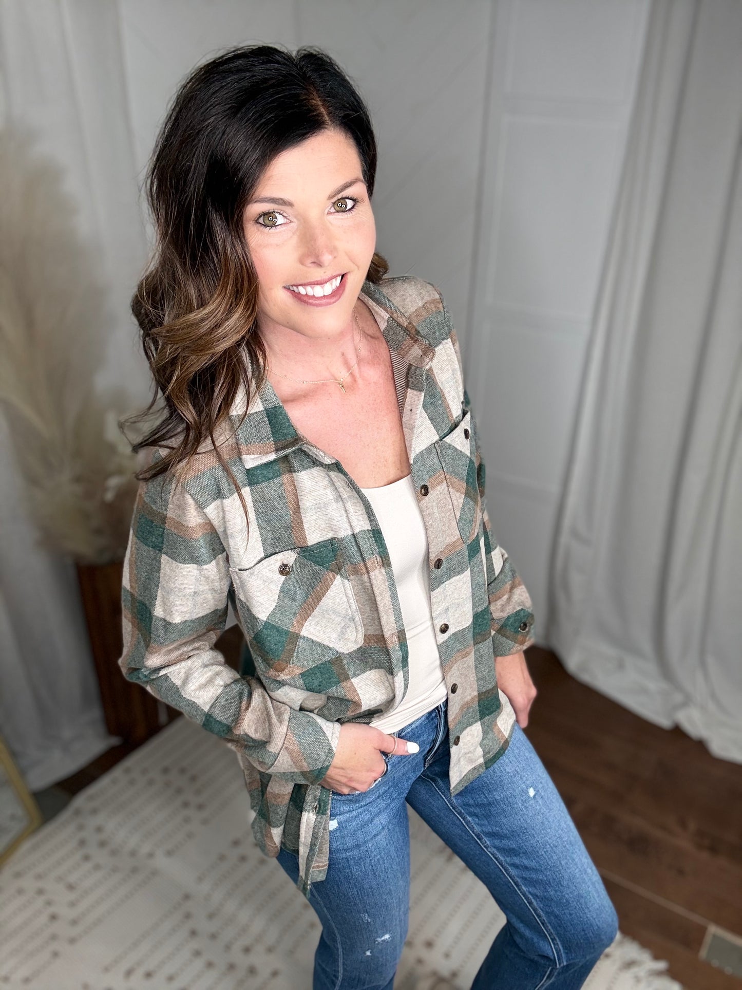 Tan, Dk. Green & Rust Plaid Button Up