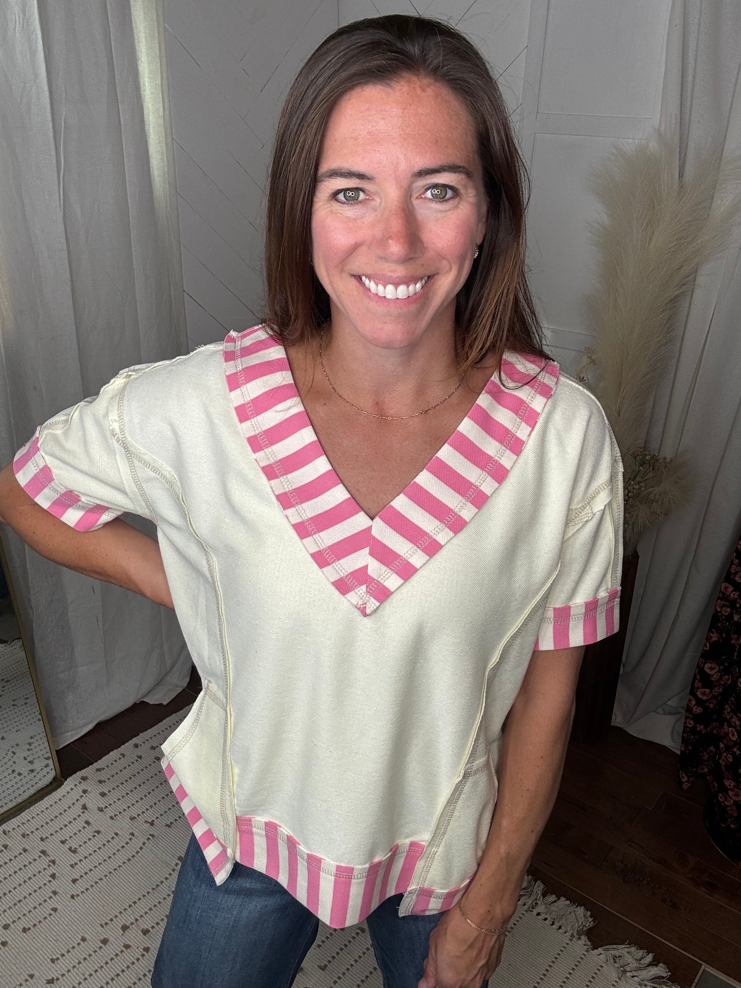 Ivory + Pink Mixed Stripe Top