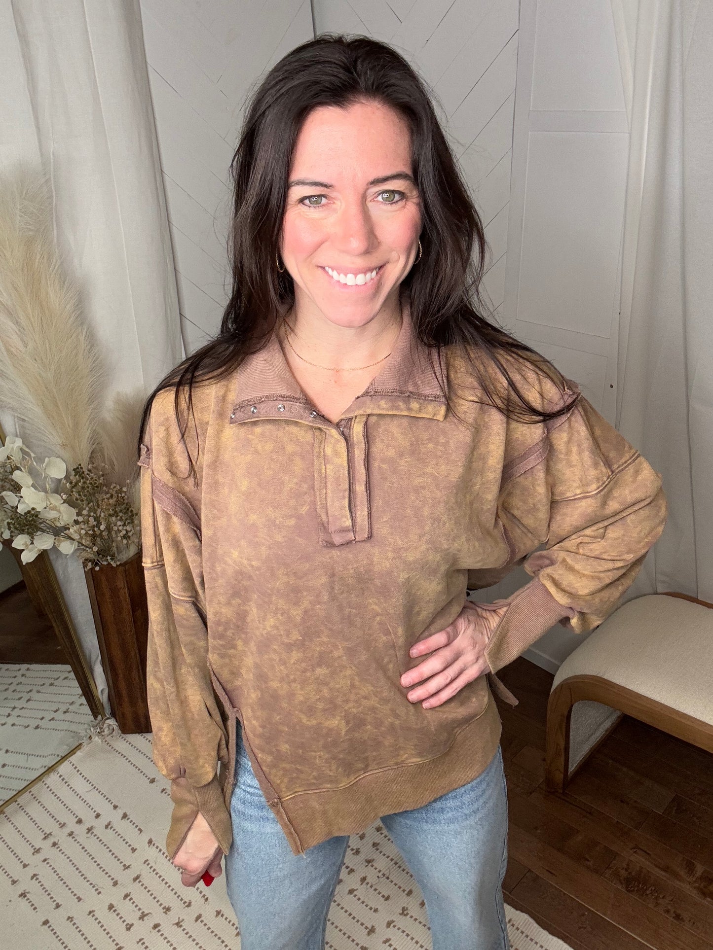 Mocha Washed Henley Sweatshirt