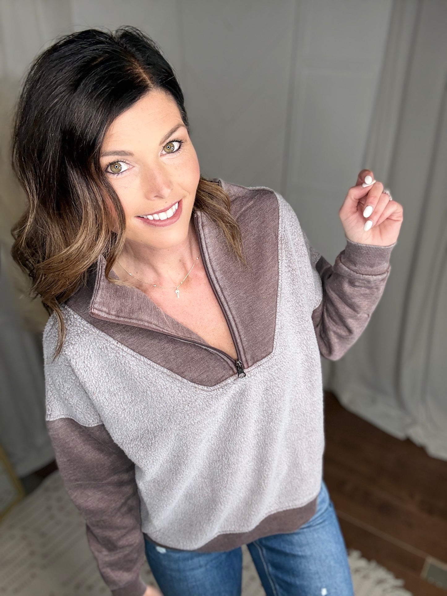 Brown Mixed Quarter Zip Sweatshirt