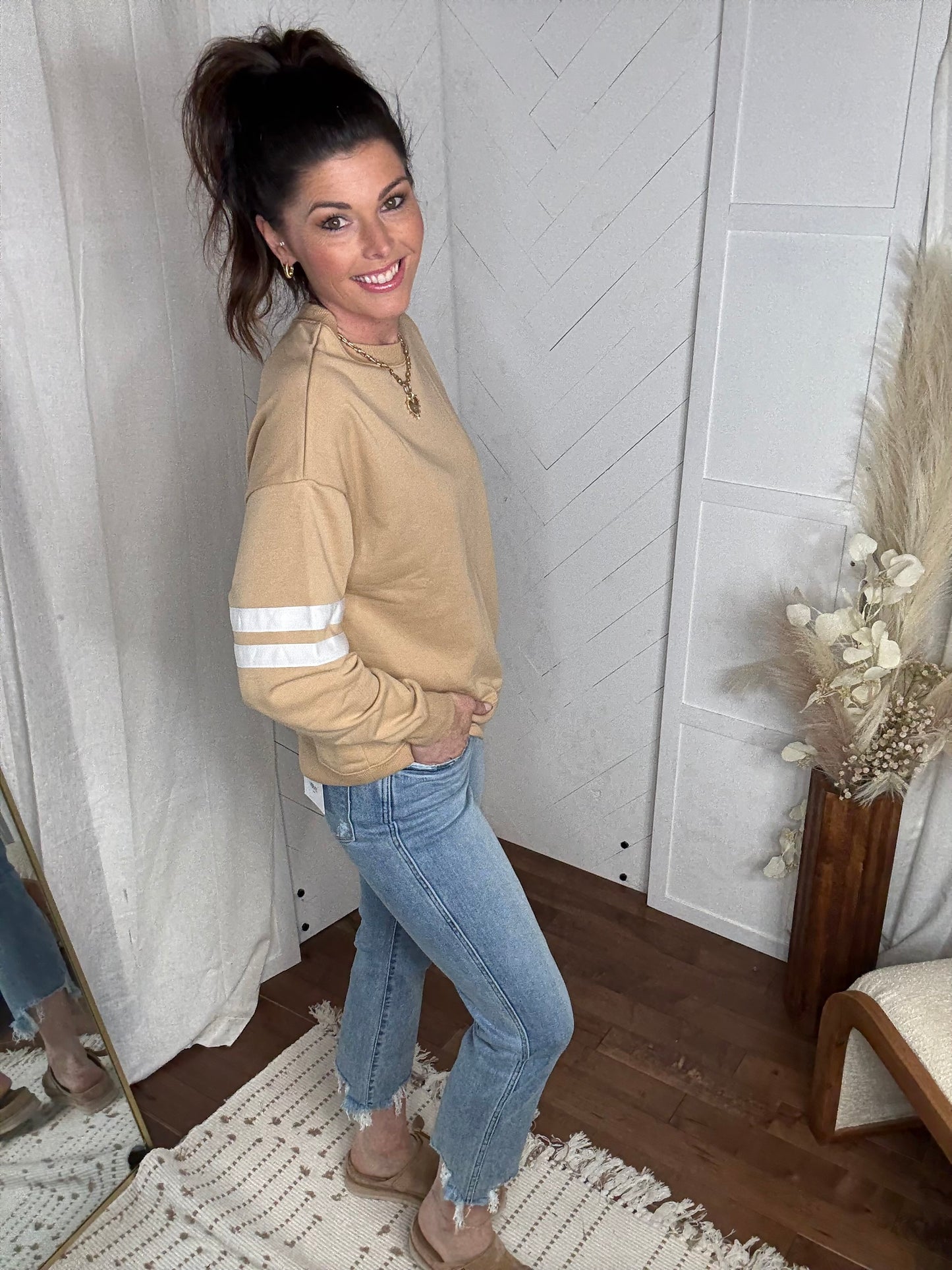 Varsity Striped Sweatshirt: Beige