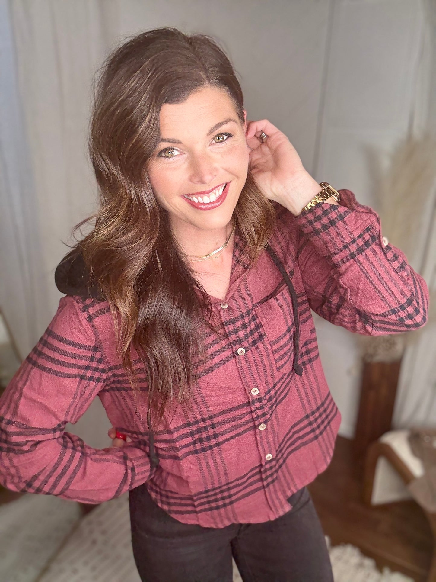 Burgundy Hooded Flannel Shirt